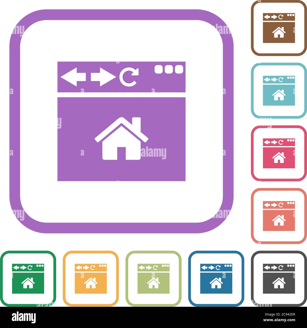 Browser home page simple icons in color rounded square frames on white ...