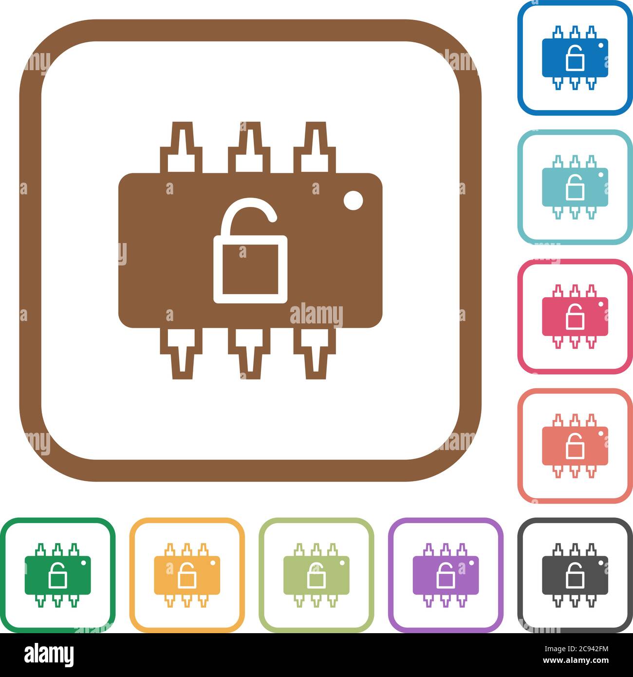Hardware unlocked simple icons in color rounded square frames on white background Stock Vector