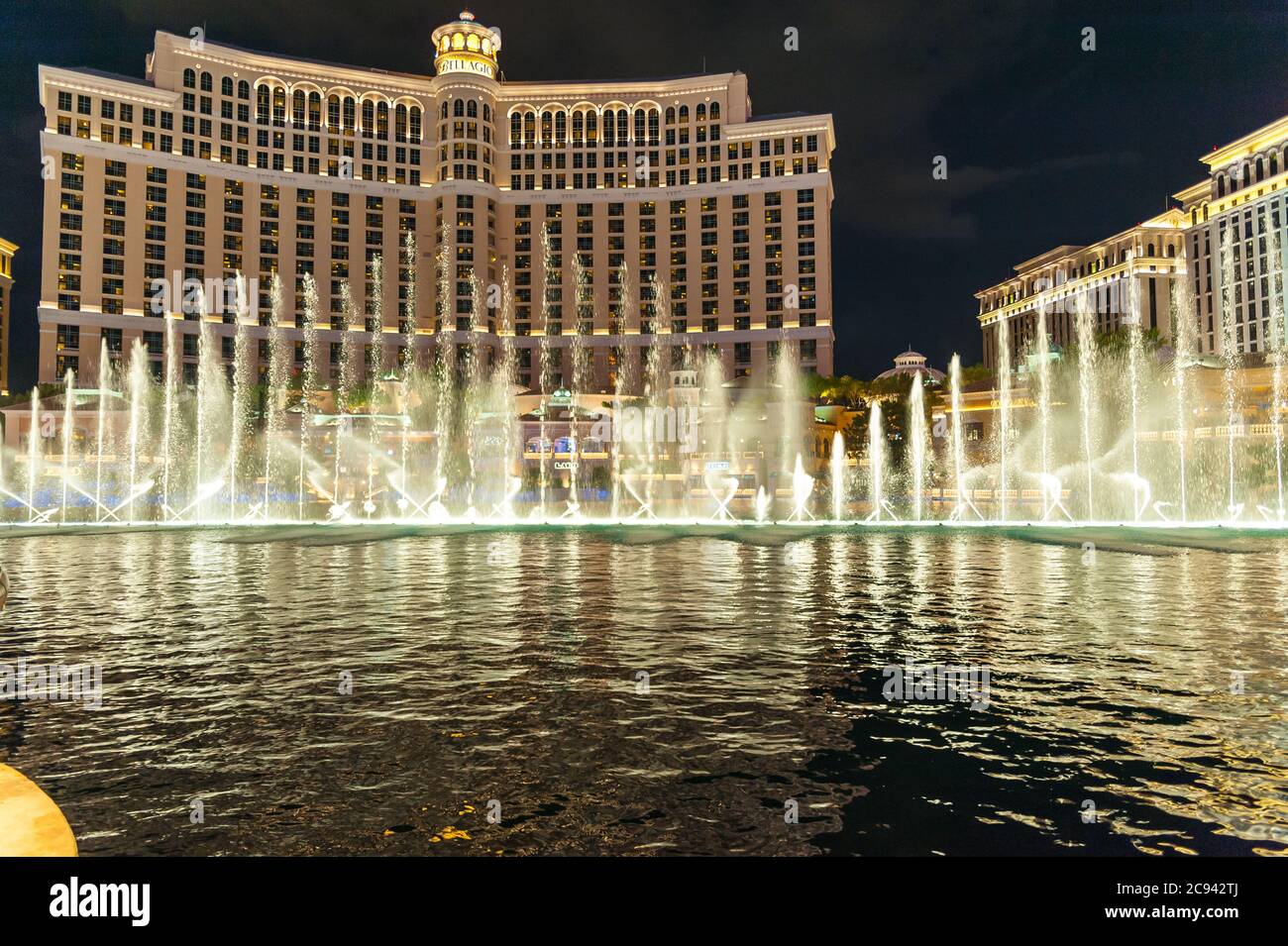 Water shooting up from the fountain in front of the Bellagio Hotel at