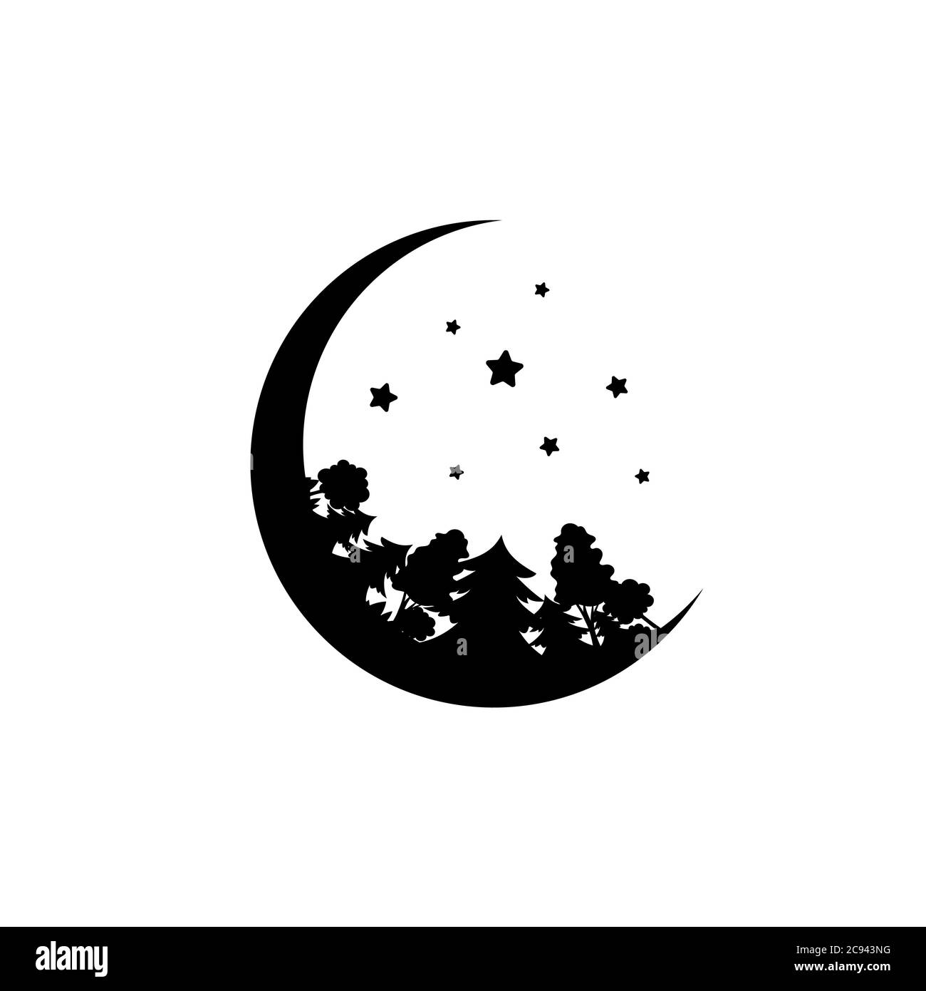 Black half moon with stars and forest. Magic, fantasy, legends, nature. Trees and crescent Isolated on white. Flat design. Vector illustration. Childr Stock Vector