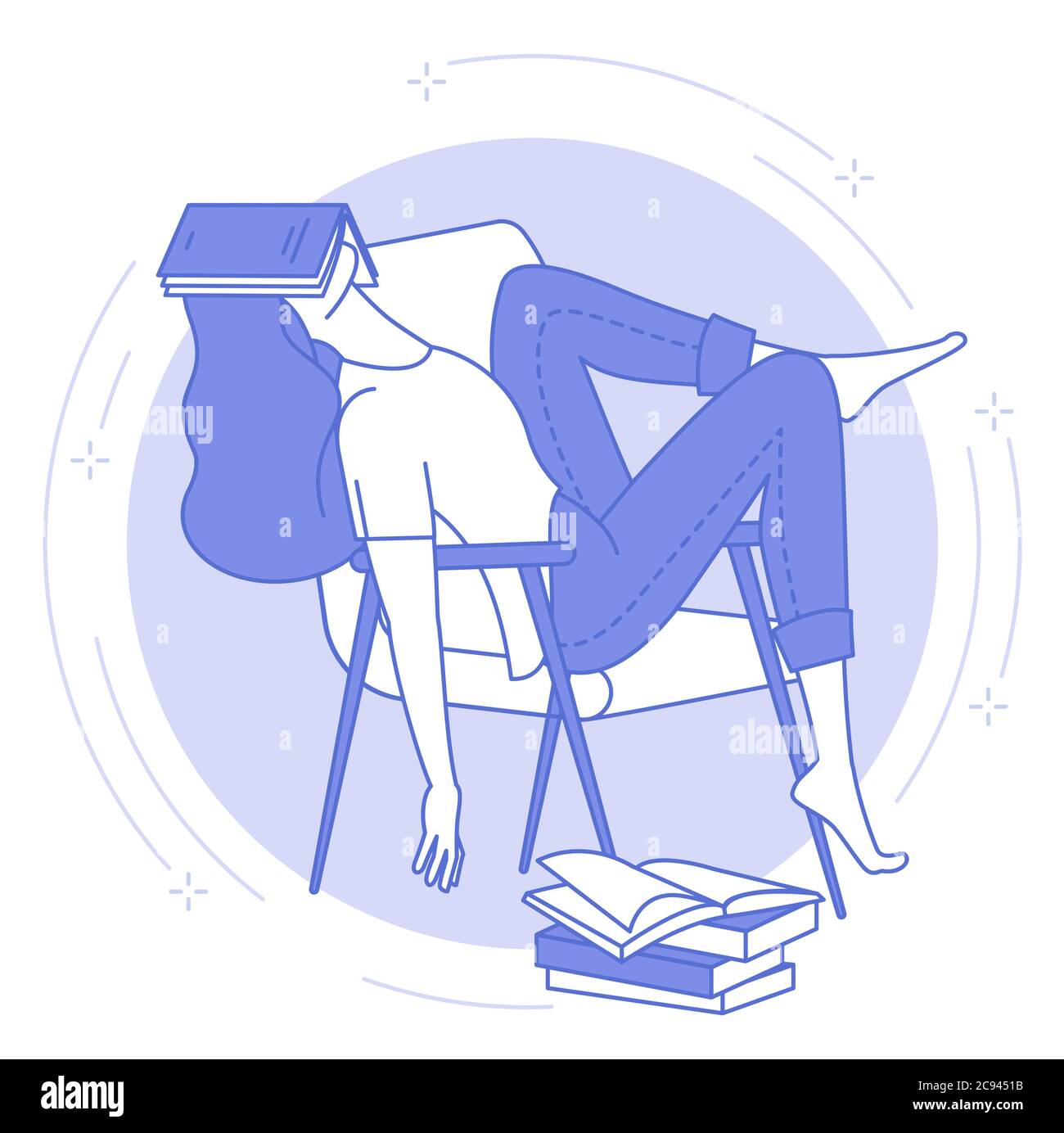 of young woman sleeping with open book, student or night work, tiredness Stock Vector