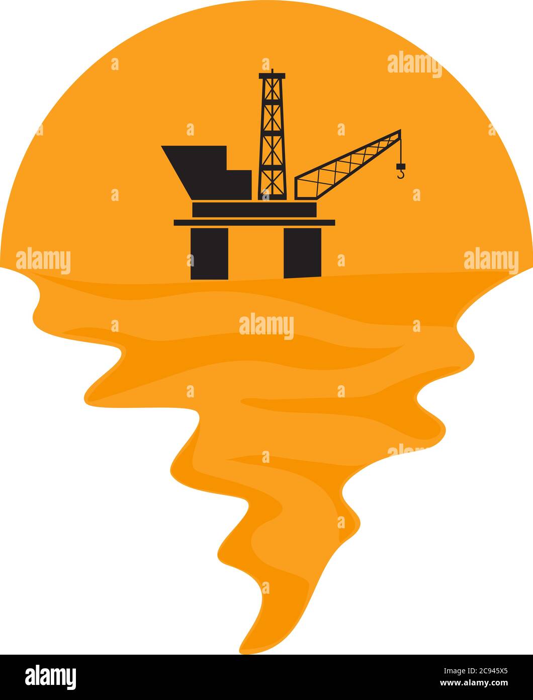 Vector of offshore oil platform on sea and sunset in background. Oil and gas company silhouette logo illustration design Stock Vector