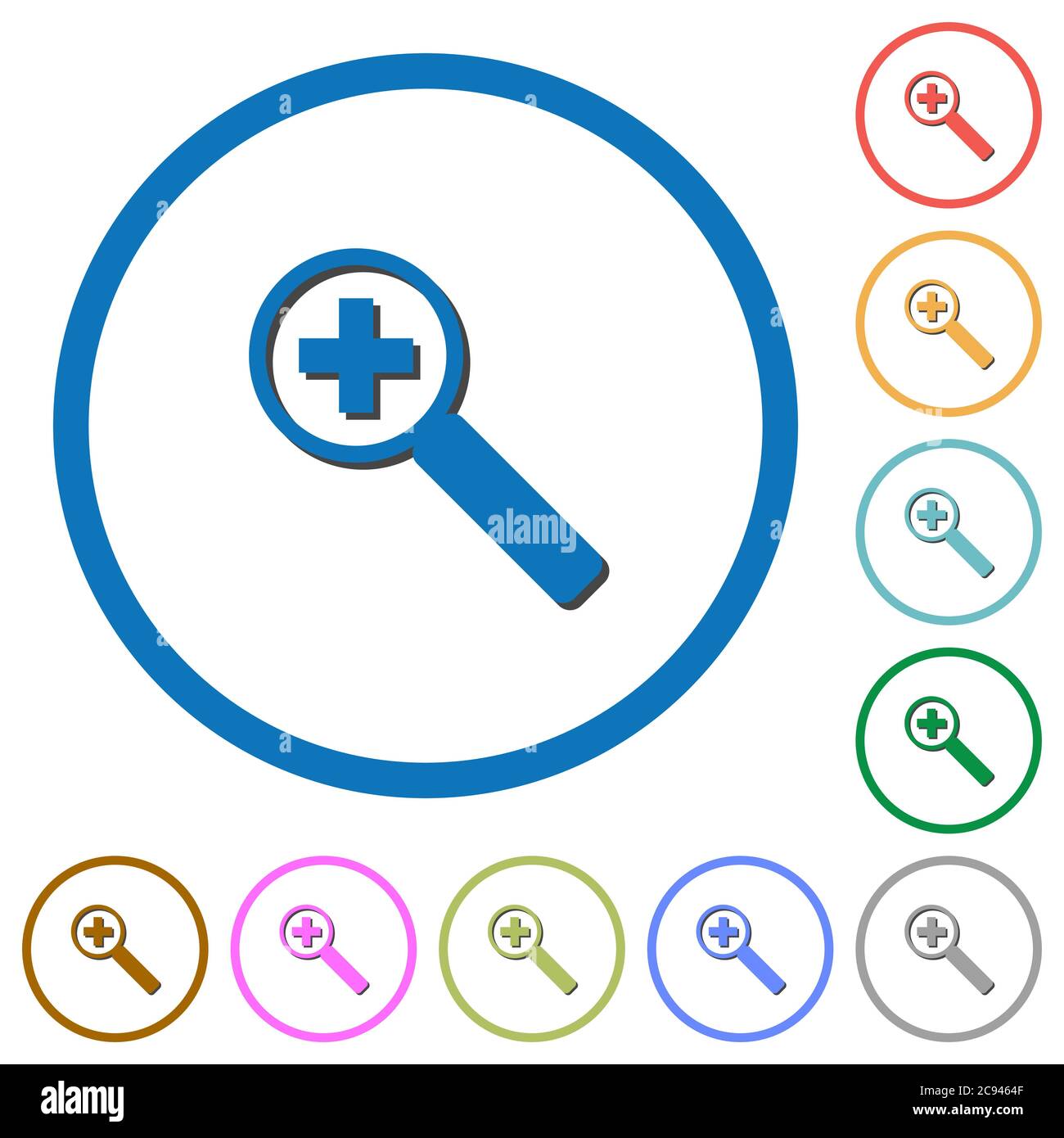 Zoom in flat color vector icons with shadows in round outlines on white ...