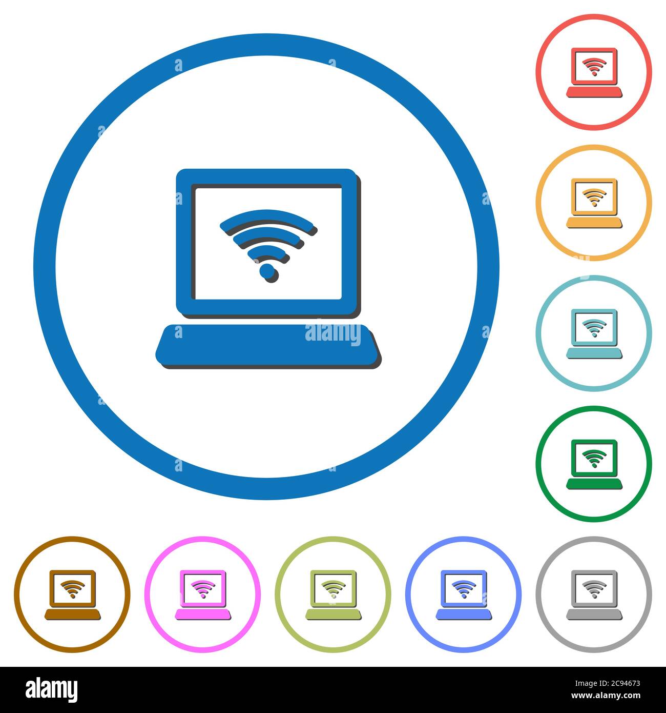 Laptop computer with wireless symbol flat color vector icons with ...