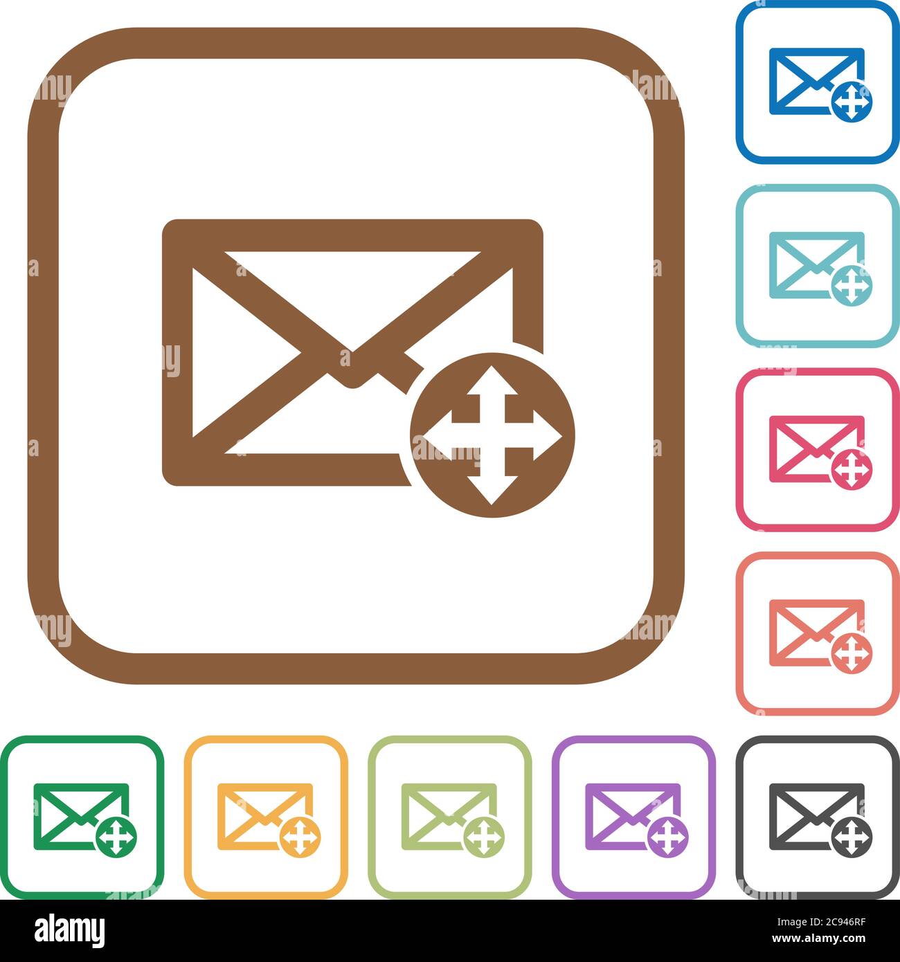 Move mail simple icons in color rounded square frames on white background Stock Vector