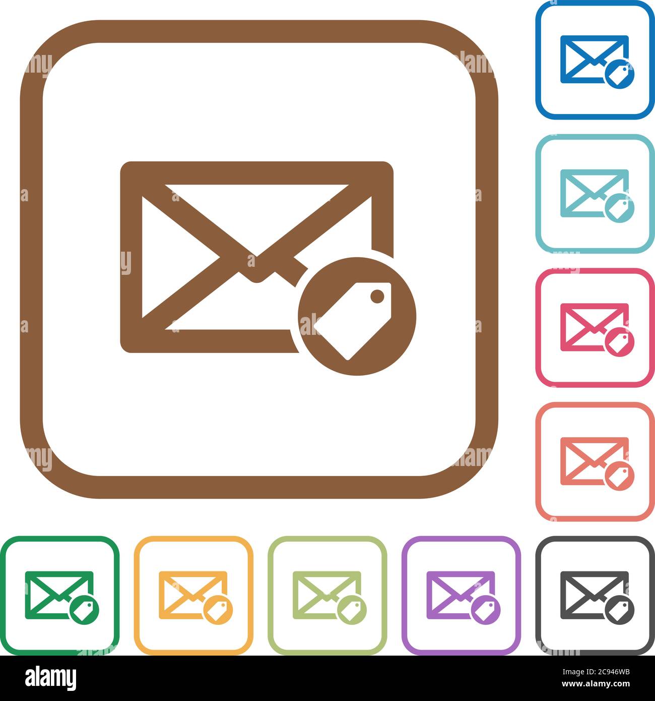 Tagging mail simple icons in color rounded square frames on white background Stock Vector
