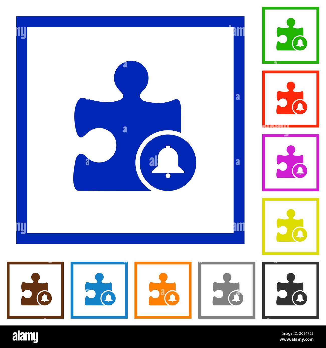Bell plugin flat color icons in square frames on white background Stock Vector