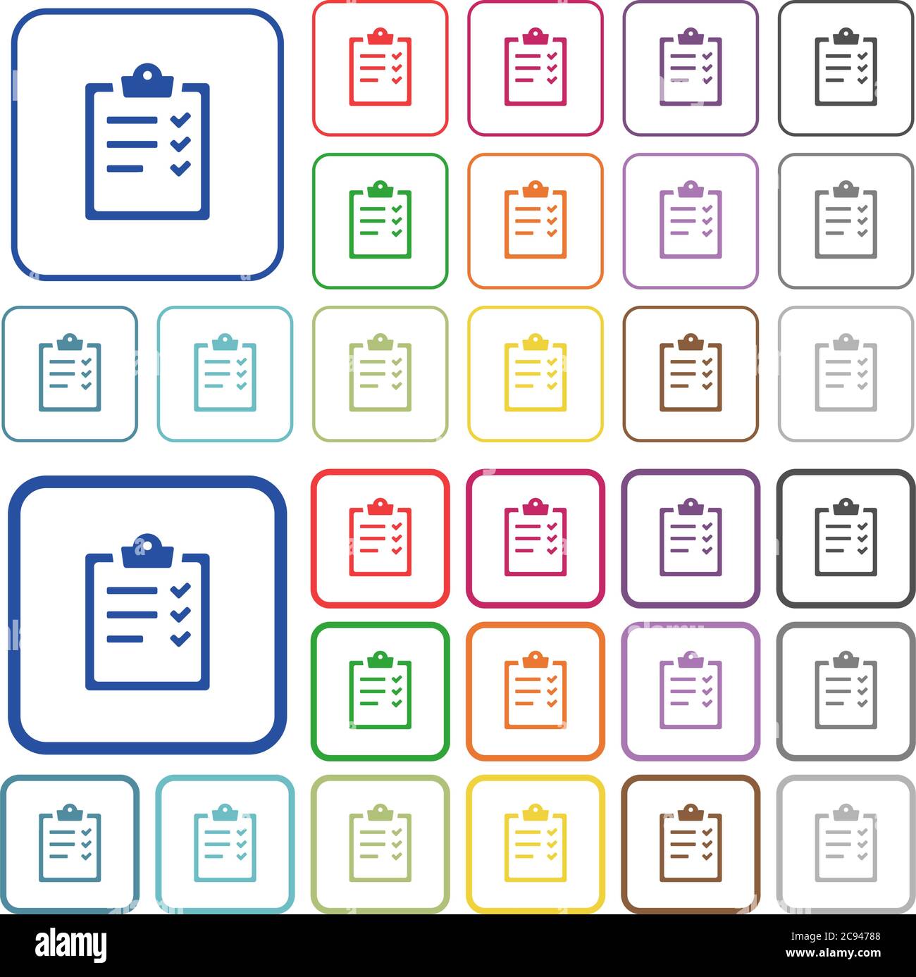 Task list color flat icons in rounded square frames. Thin and thick versions included. Stock Vector