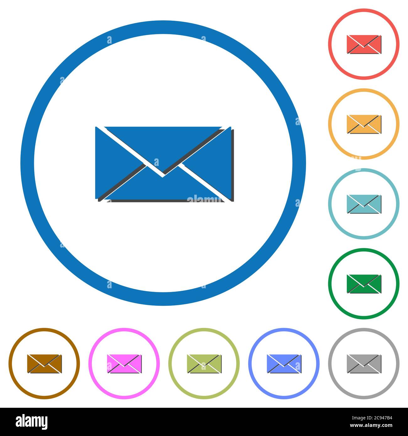 Envelope flat color vector icons with shadows in round outlines on ...