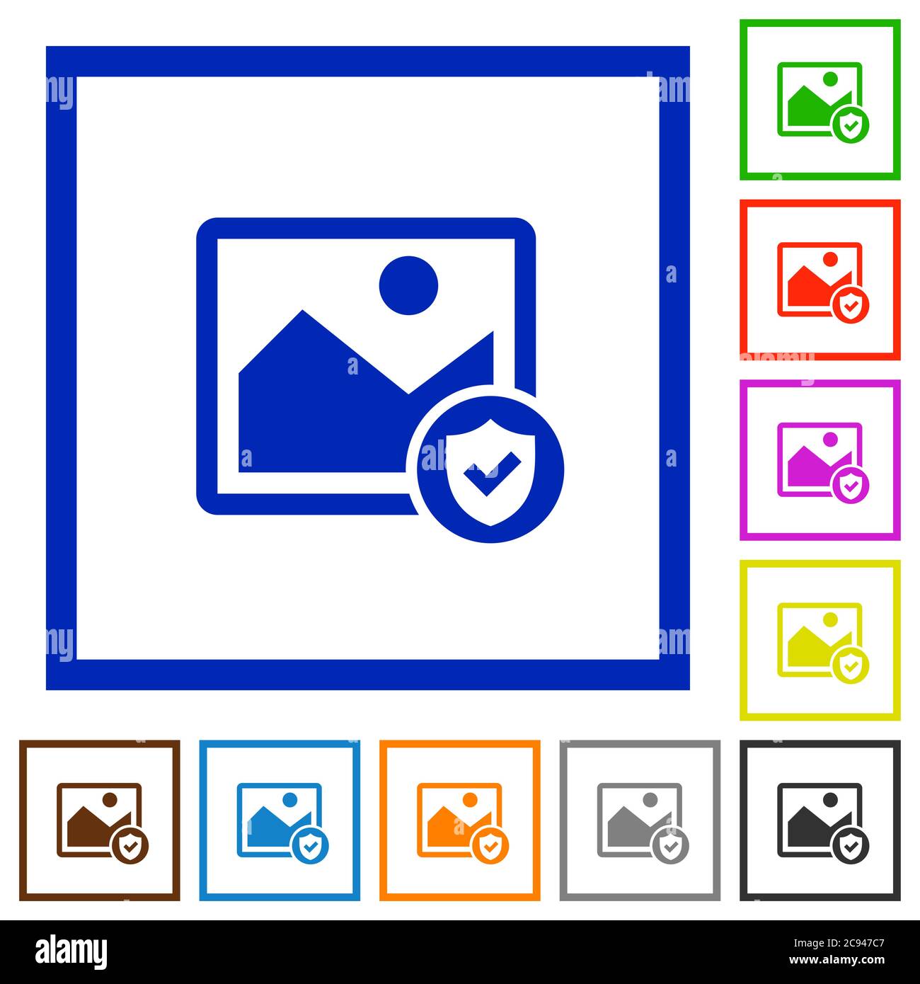 Protected image flat color icons in square frames on white background Stock Vector