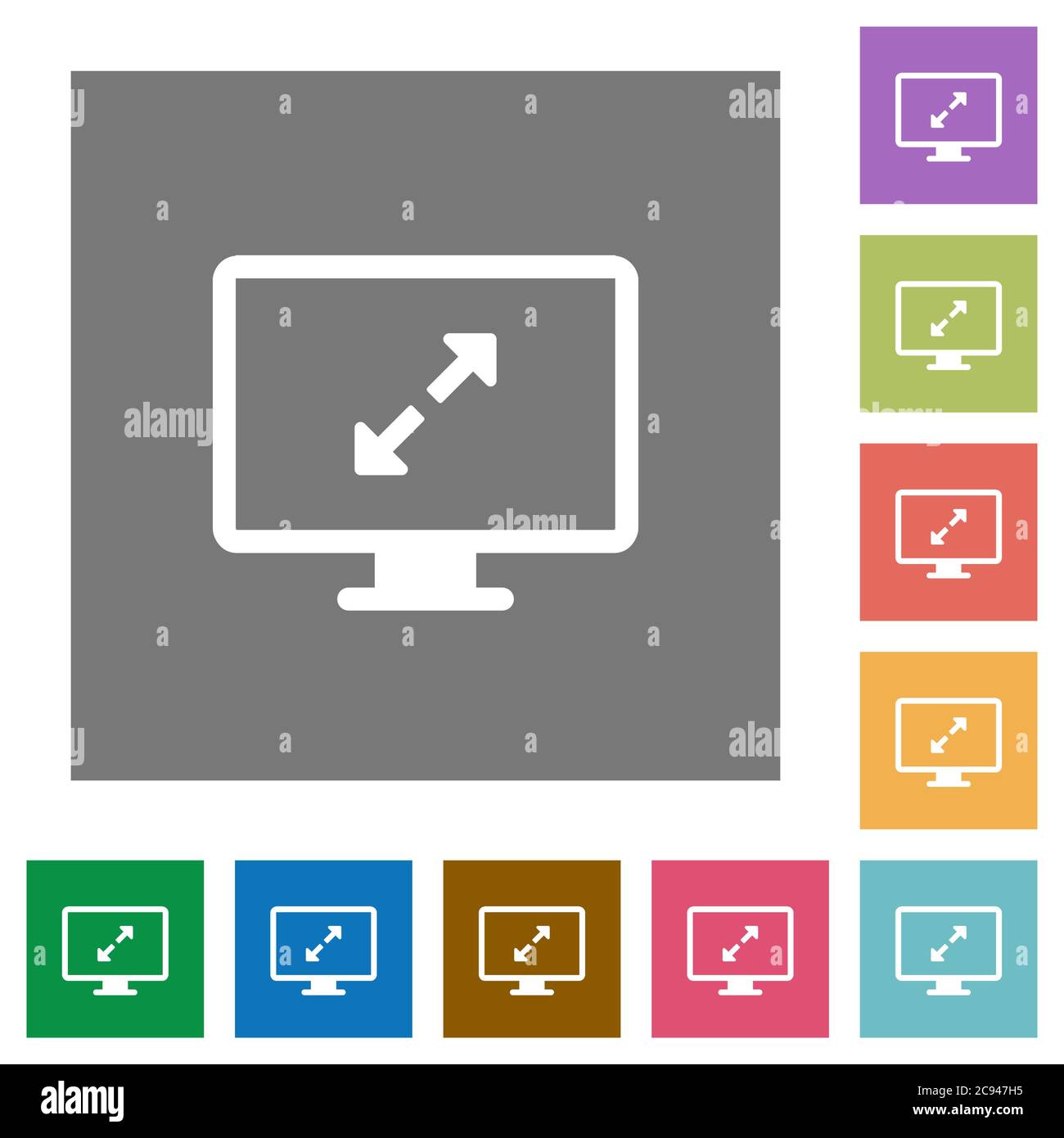 Adjust screen resolution flat icons on simple color square backgrounds Stock Vector