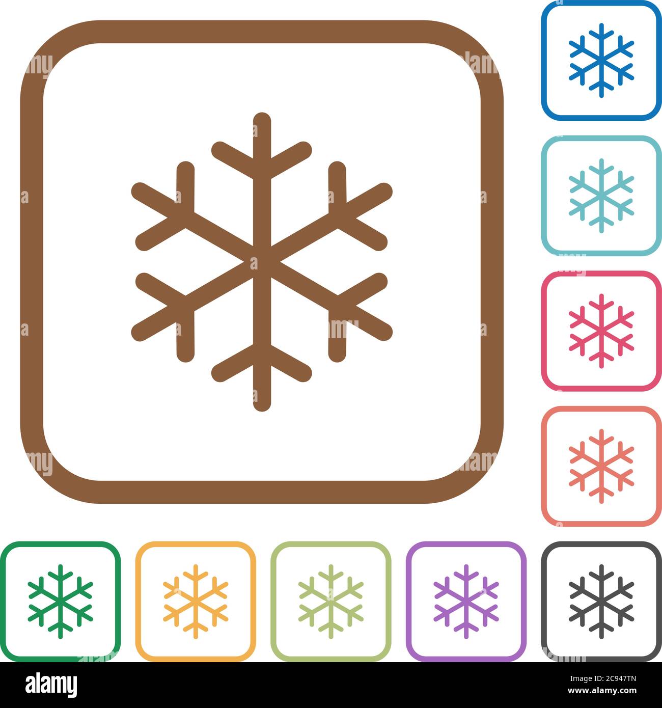 Single snowflake simple icons in color rounded square frames on white ...