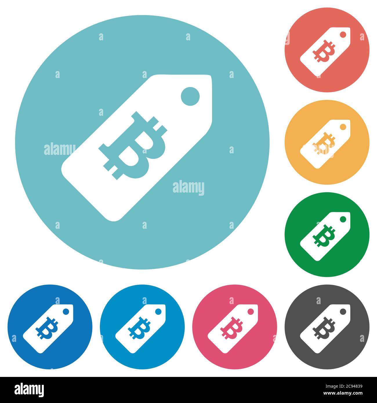 Bitcoin price label flat white icons on round color backgrounds Stock ...