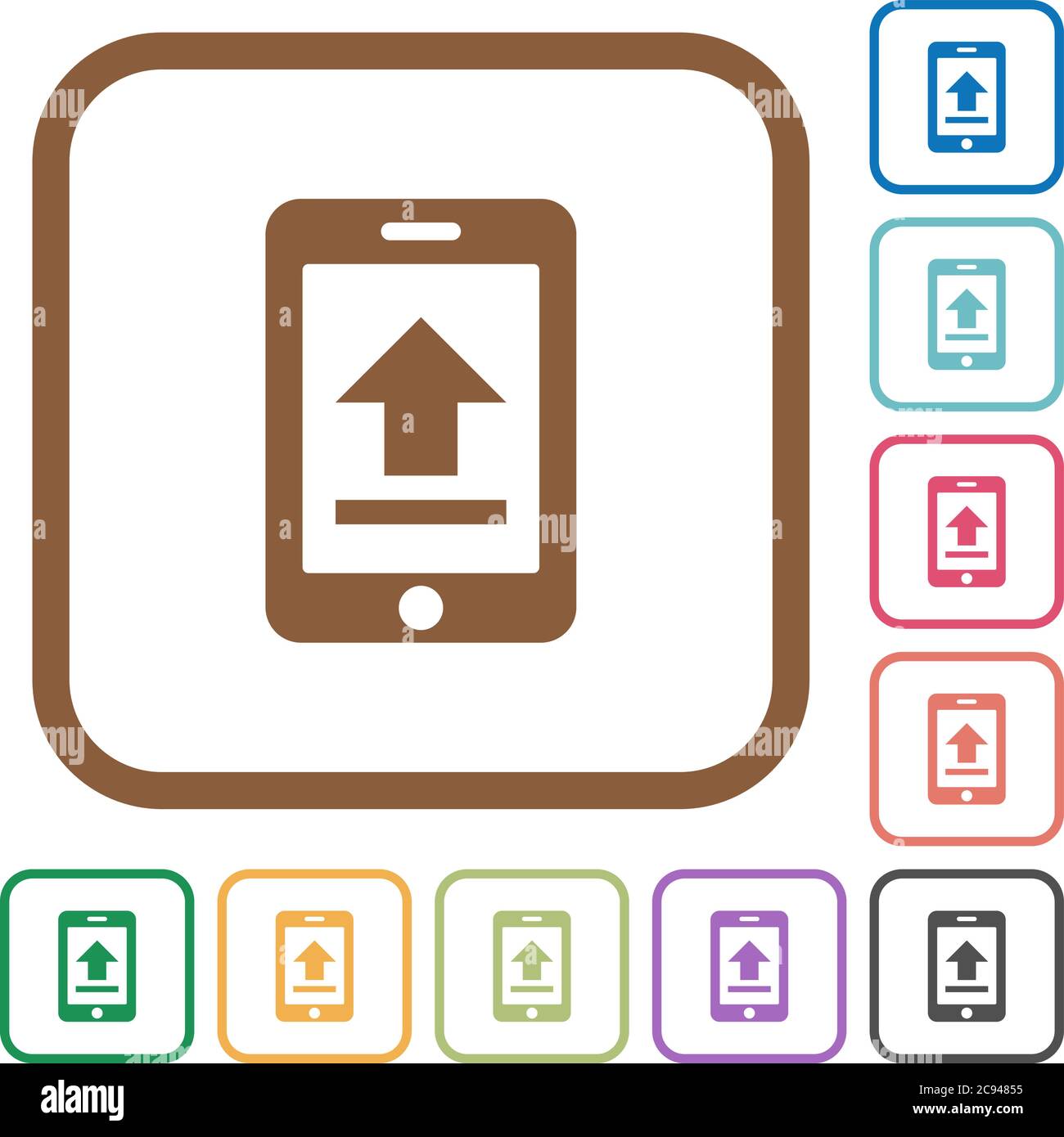 Mobile upload simple icons in color rounded square frames on white background Stock Vector