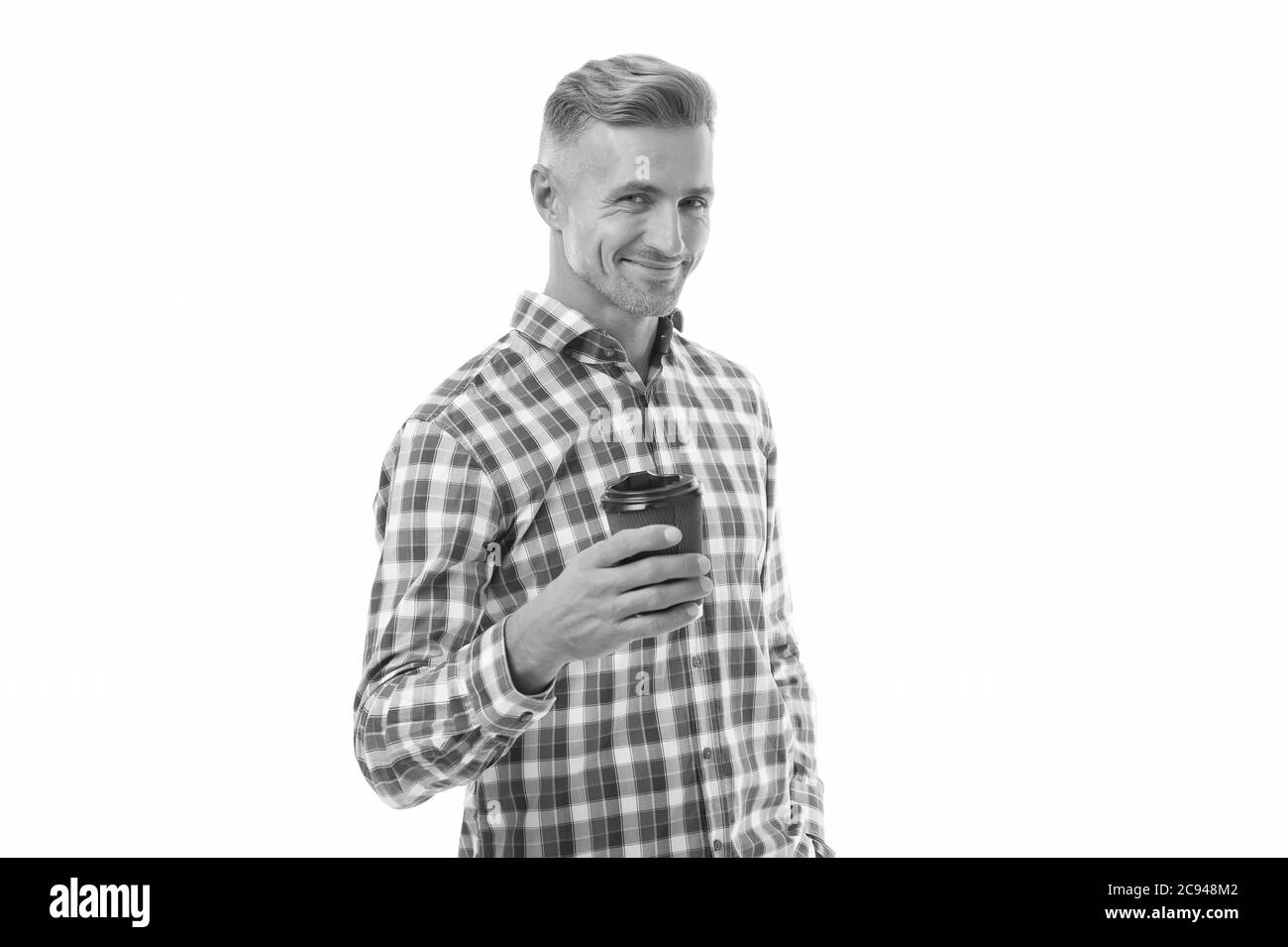 Morning begins after coffee. Happy guy drink coffee in morning