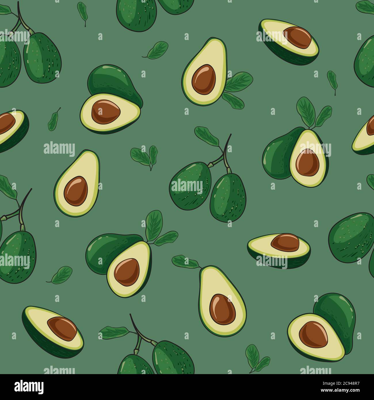 Whole avocado with leaf and half an avocado, seamless pattern in vector ...