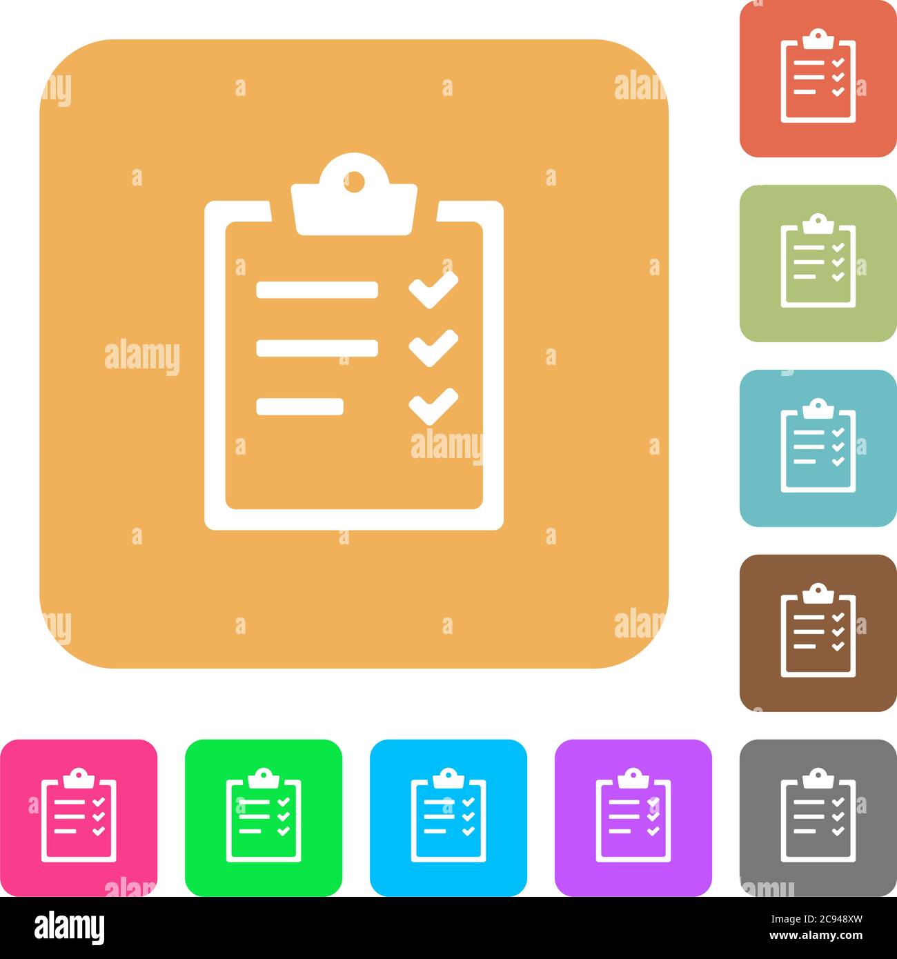 Task list flat icons on rounded square vivid color backgrounds. Stock Vector