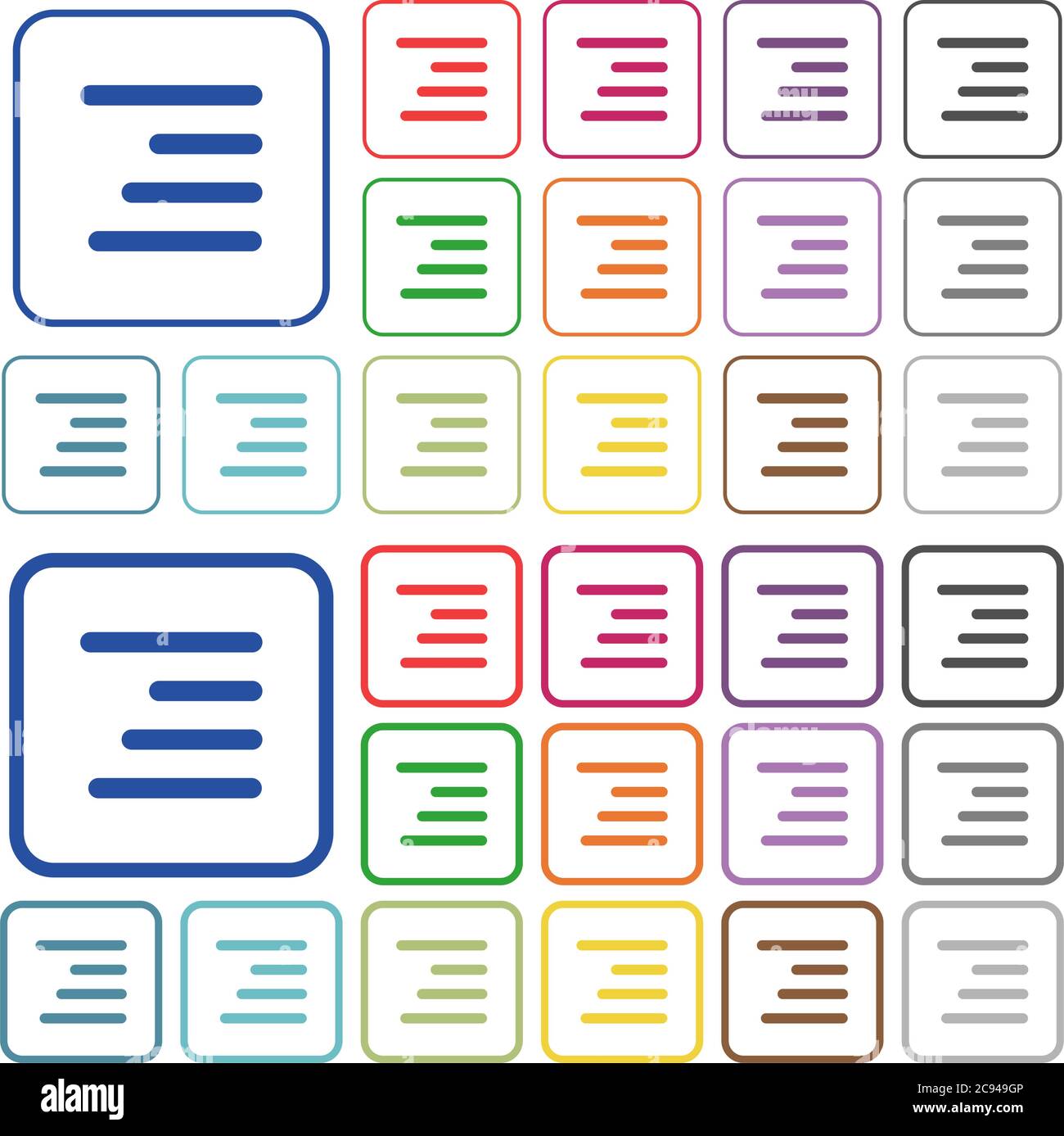 Text align right color flat icons in rounded square frames. Thin and thick versions included. Stock Vector