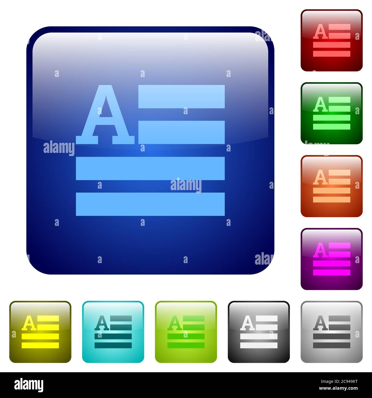 Text initials icons in rounded square color glossy button set Stock Vector