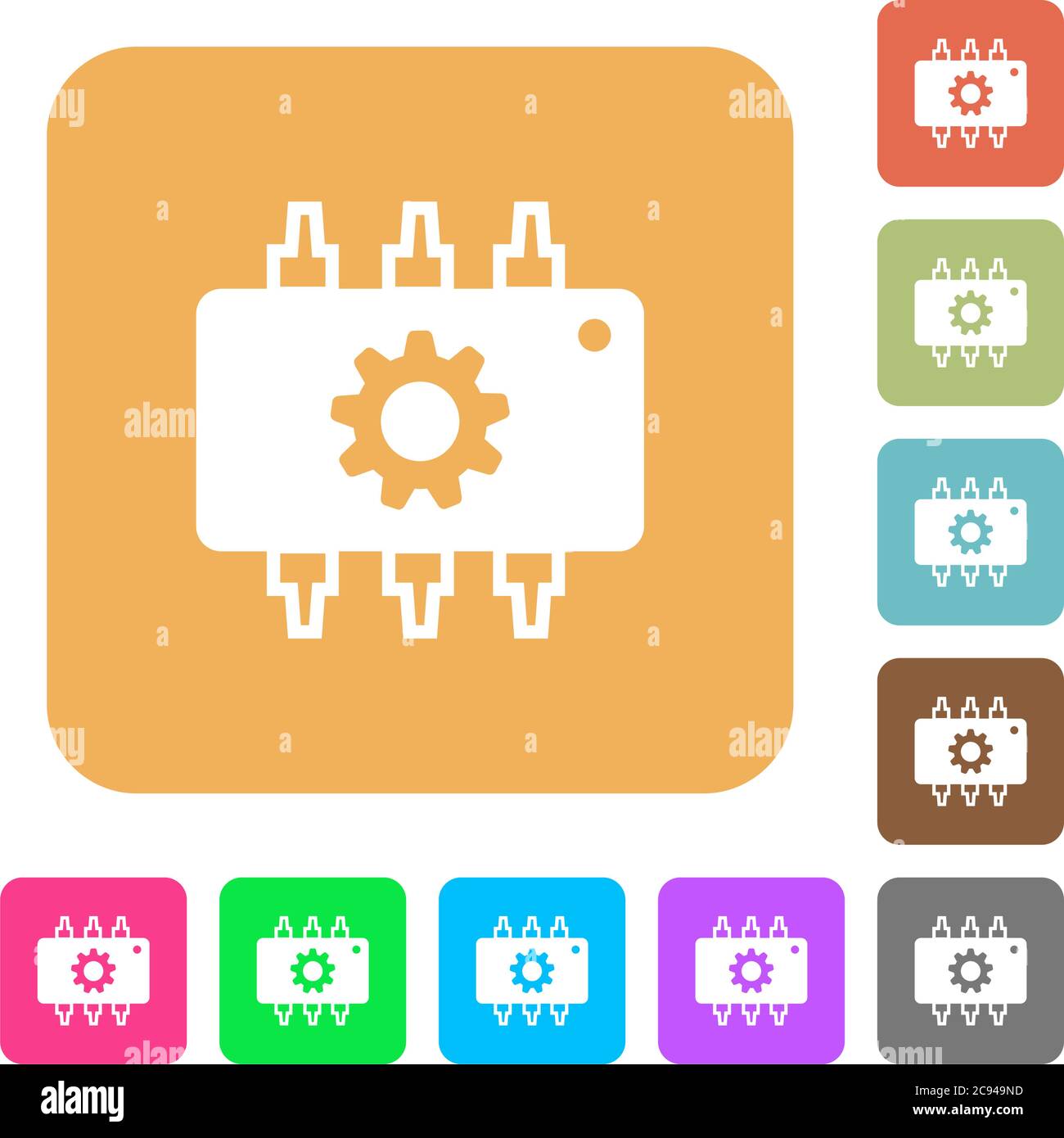 Hardware settings flat icons on rounded square vivid color backgrounds. Stock Vector