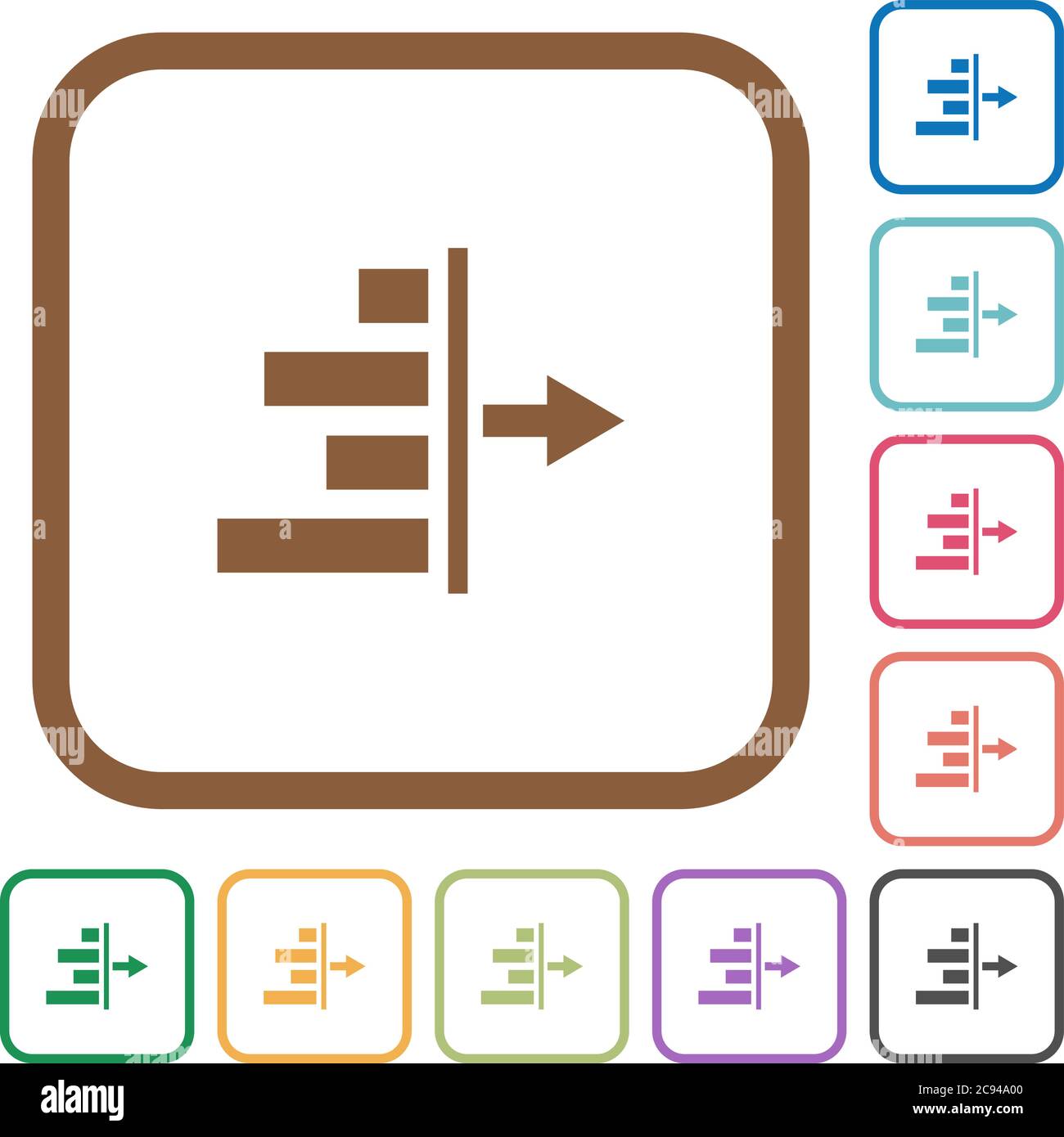 Decrease right indentation of content simple icons in color rounded square frames on white background Stock Vector