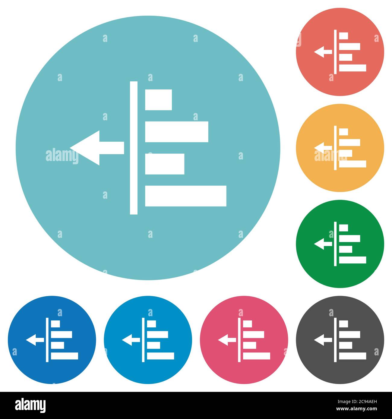 Decrease left indentation of content flat white icons on round color backgrounds Stock Vector