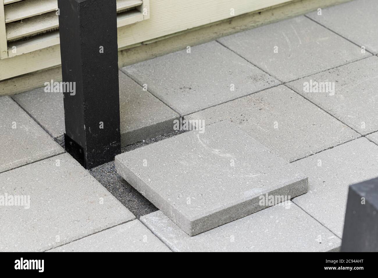 Installation of Paver Patio at Residential Home Stock Photo