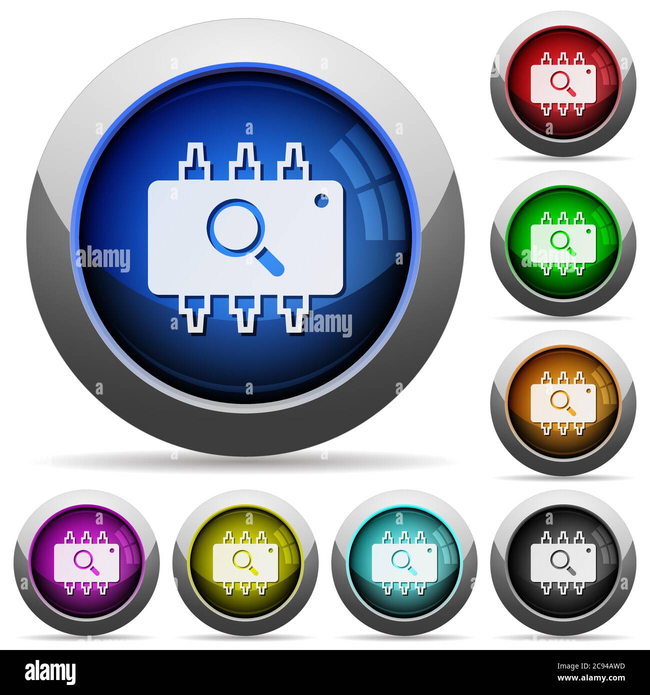 Hardware test icons in round glossy buttons with steel frames Stock