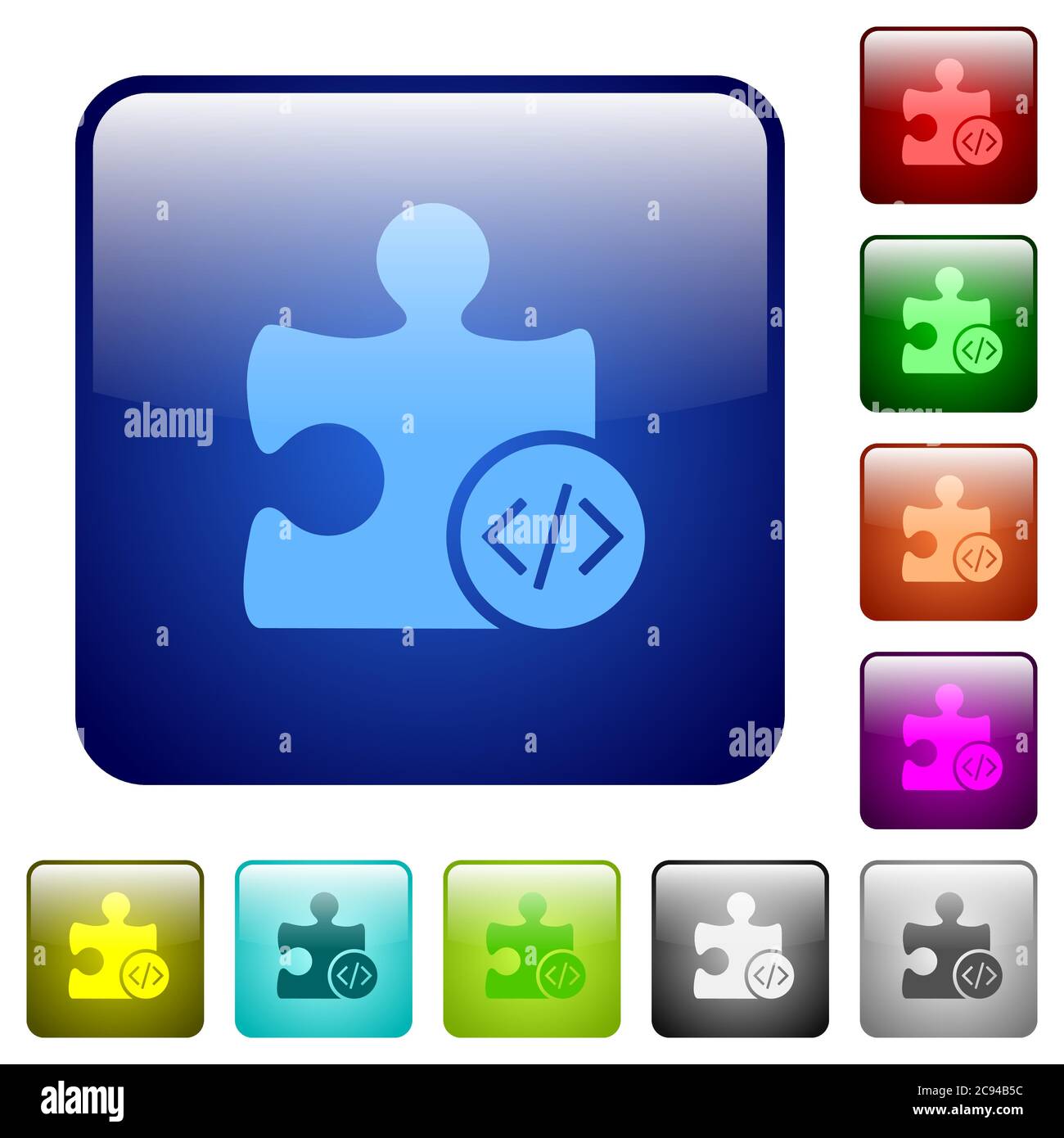 Plugin developing icons in rounded square color glossy button set Stock Vector