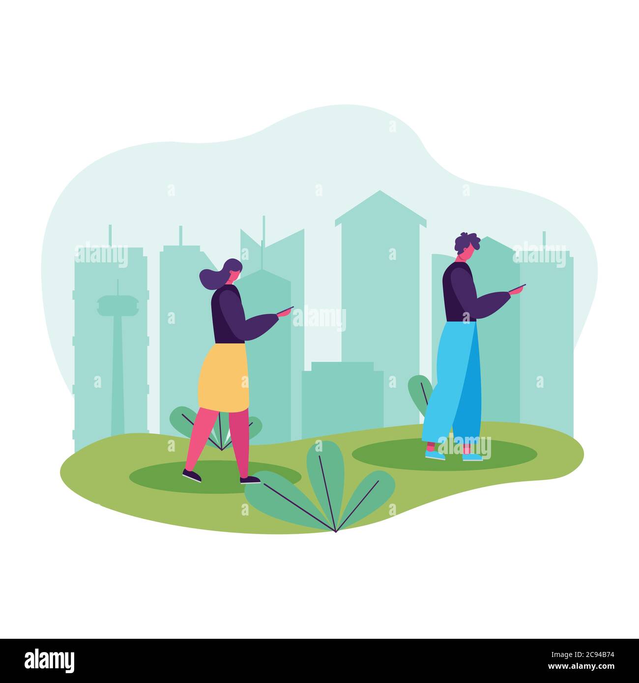 young couple walking and using smartphones avatars characters vector ...