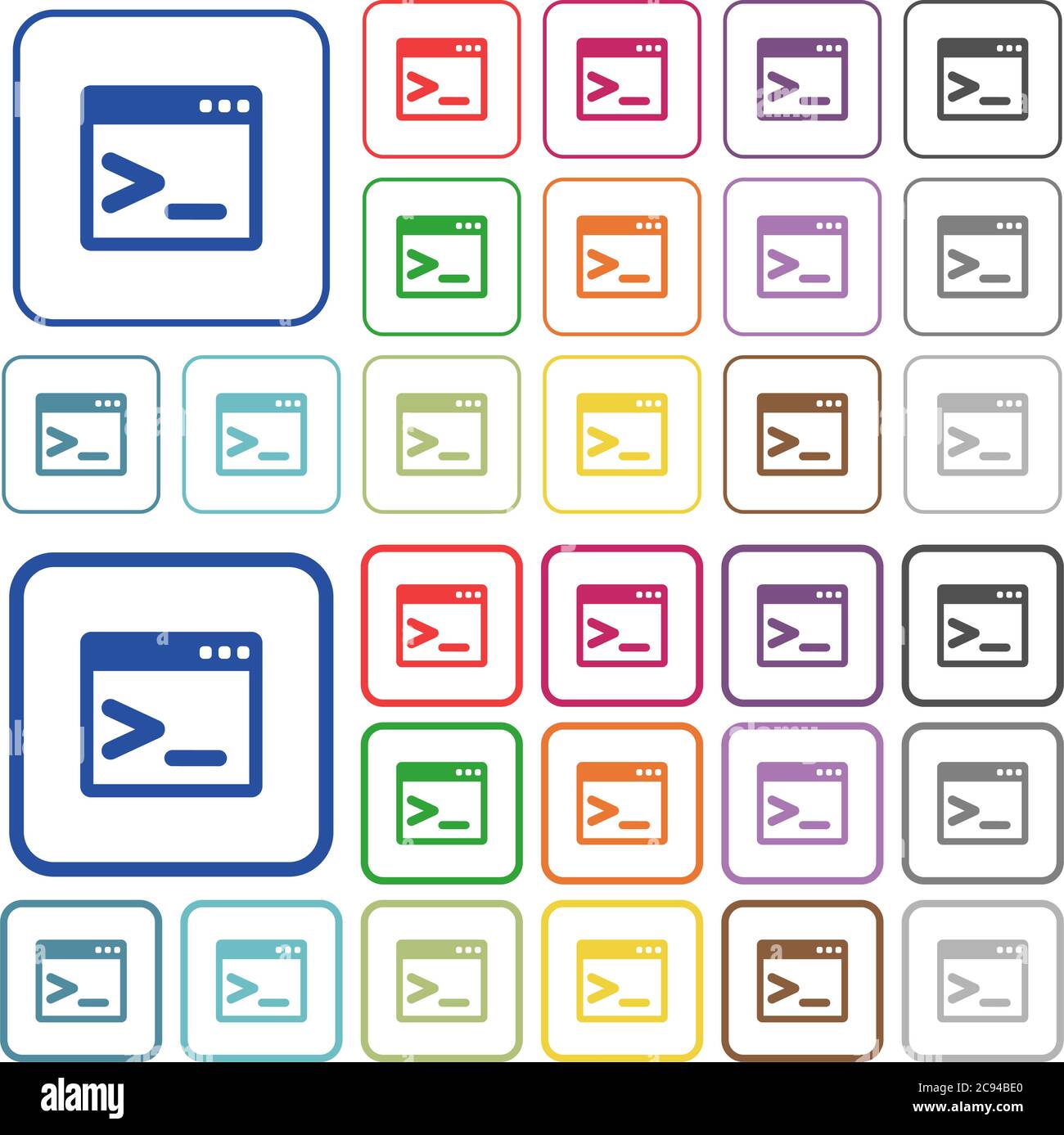 Command prompt color flat icons in rounded square frames. Thin and thick versions included. Stock Vector