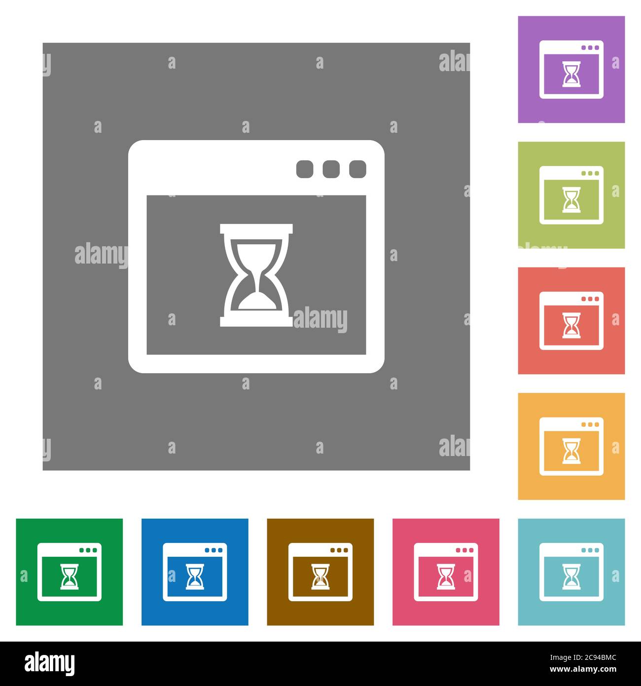 Waiting application flat icons on simple color square backgrounds Stock Vector