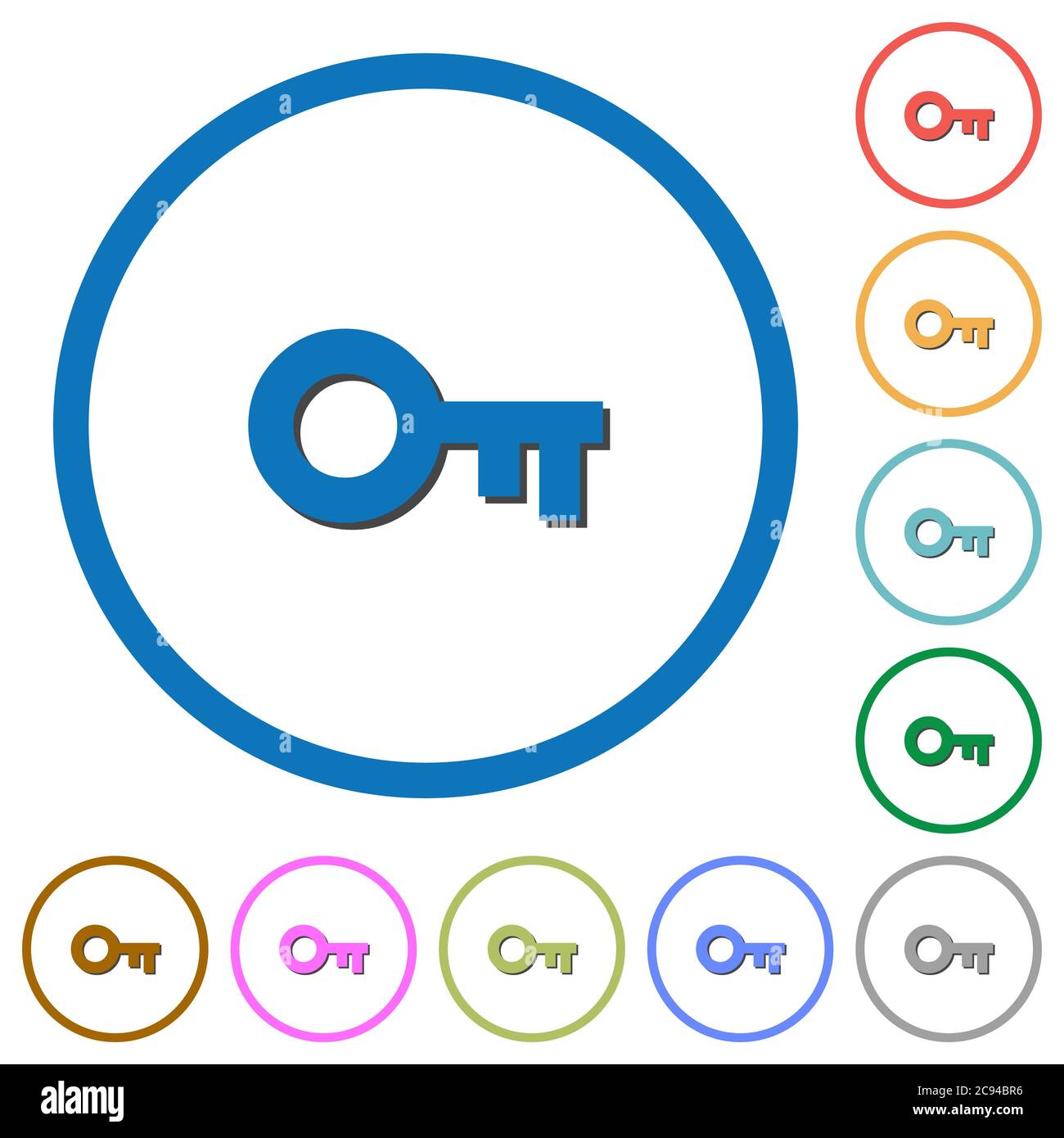 Old key flat color vector icons with shadows in round outlines on white ...