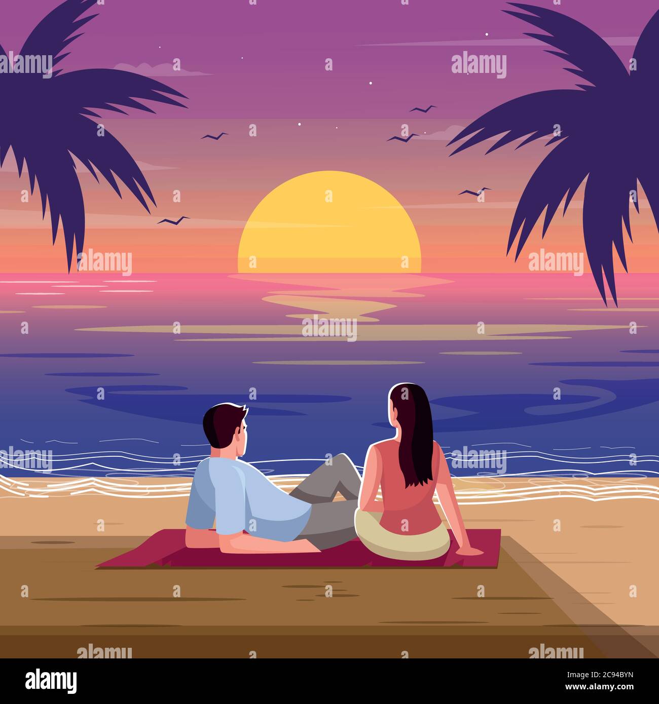 Romantic sunset semi flat vector illustration. Tropical beach. Woman and  man watch waves. Palm trees on seascape. Couple on date in evening 2D  cartoon Stock Vector Image & Art - Alamy