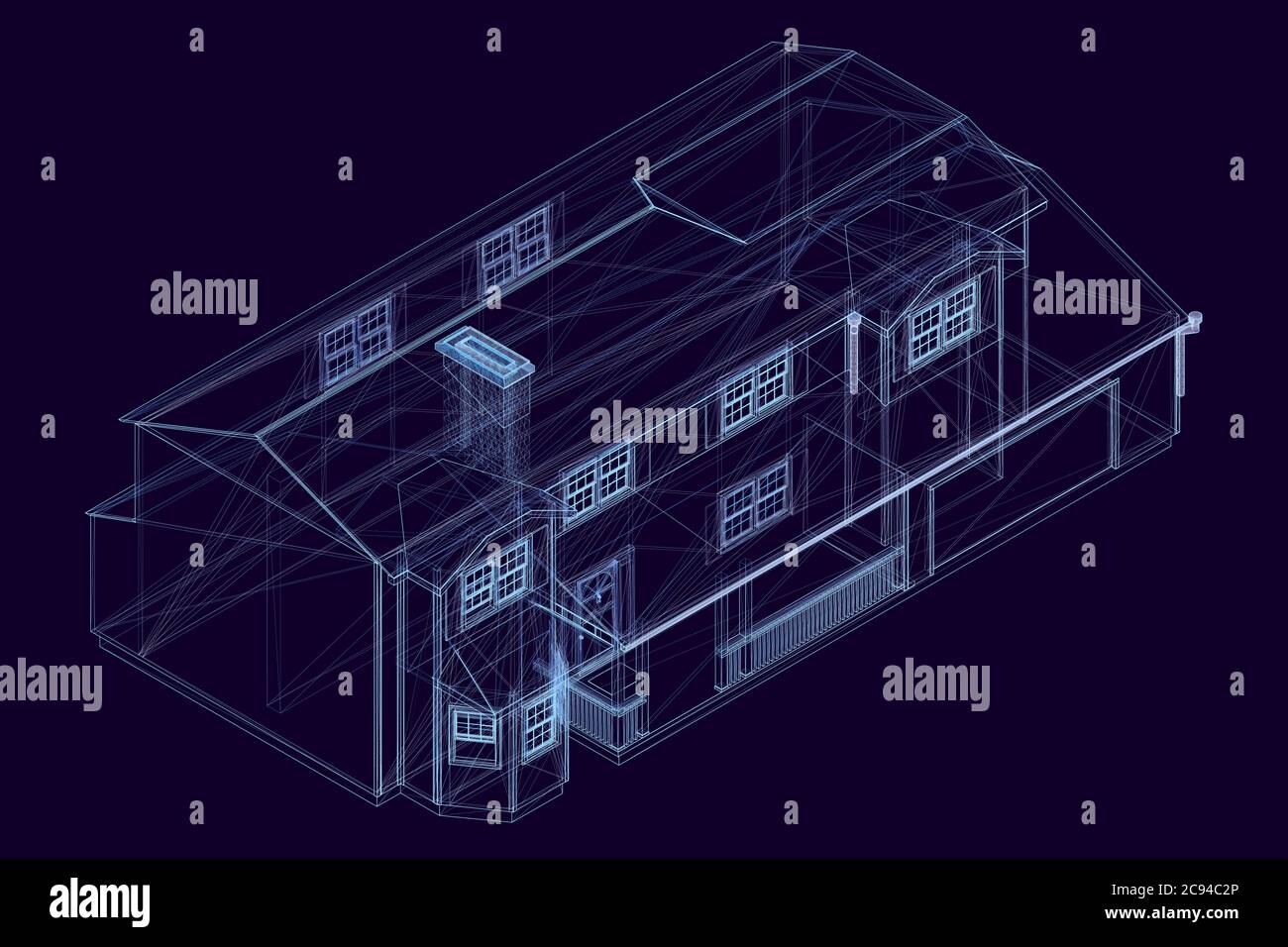 House wireframe made of blue lines on a dark background. Isometric view ...