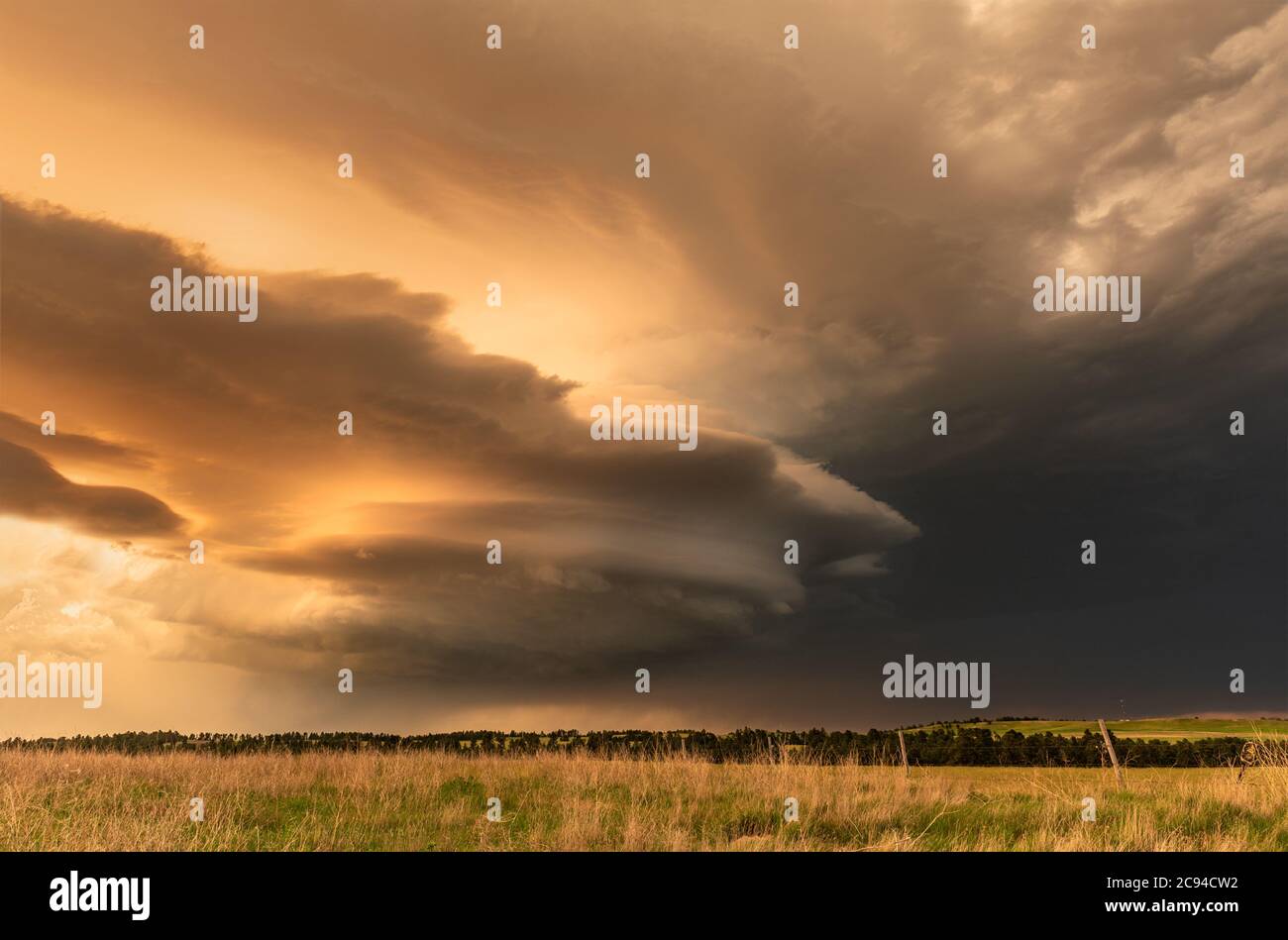 Panorama of a massive mesocyclone weather supercell, which is a pre-tornado stage, passes over a grassy part of the Great Plains while fiercely trying Stock Photo