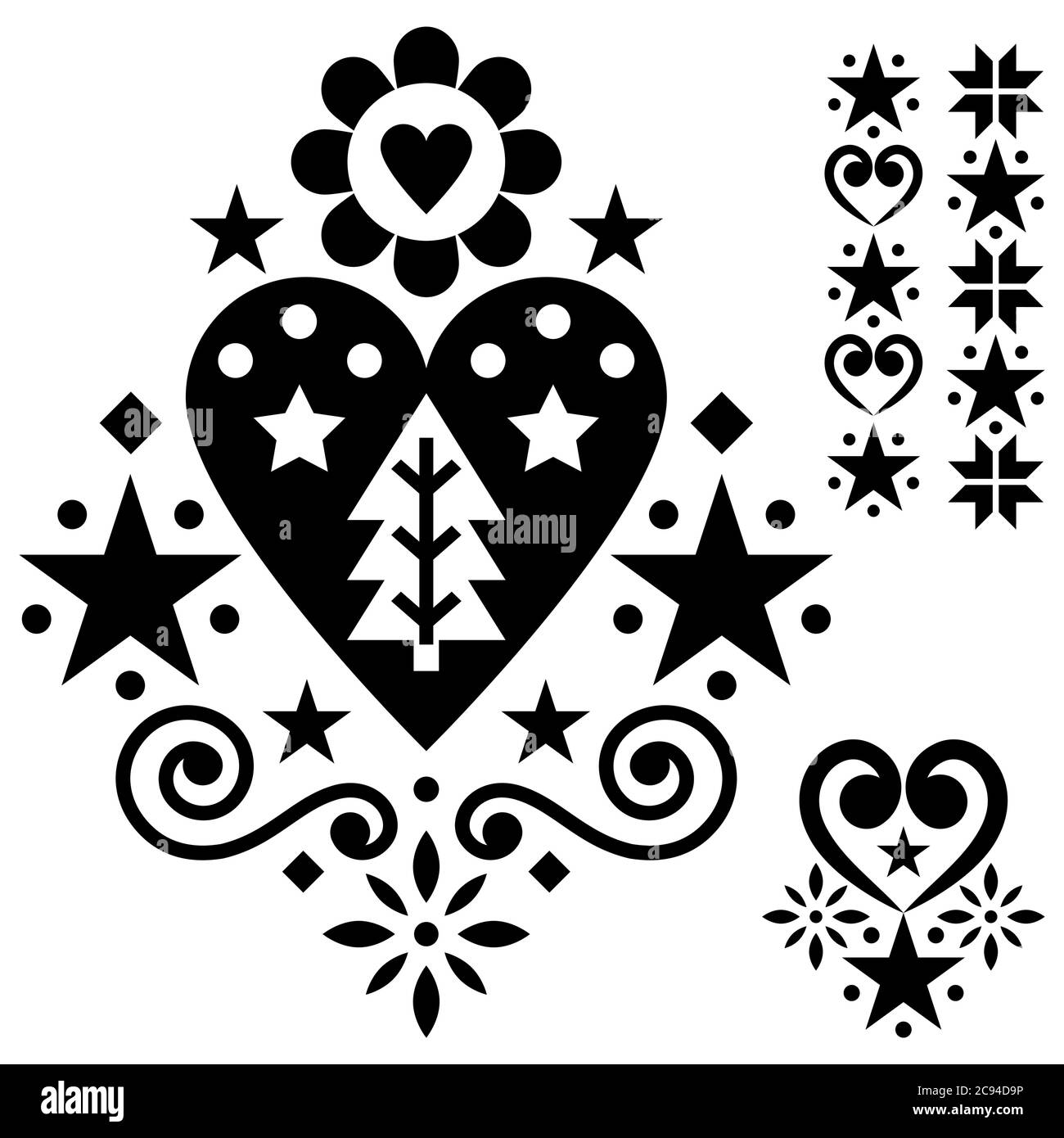 Christmas Scandinavian folk art vector design set - single monochrome patterns collection with hearts, flowers, snowflakes and Christmas trees Stock Vector