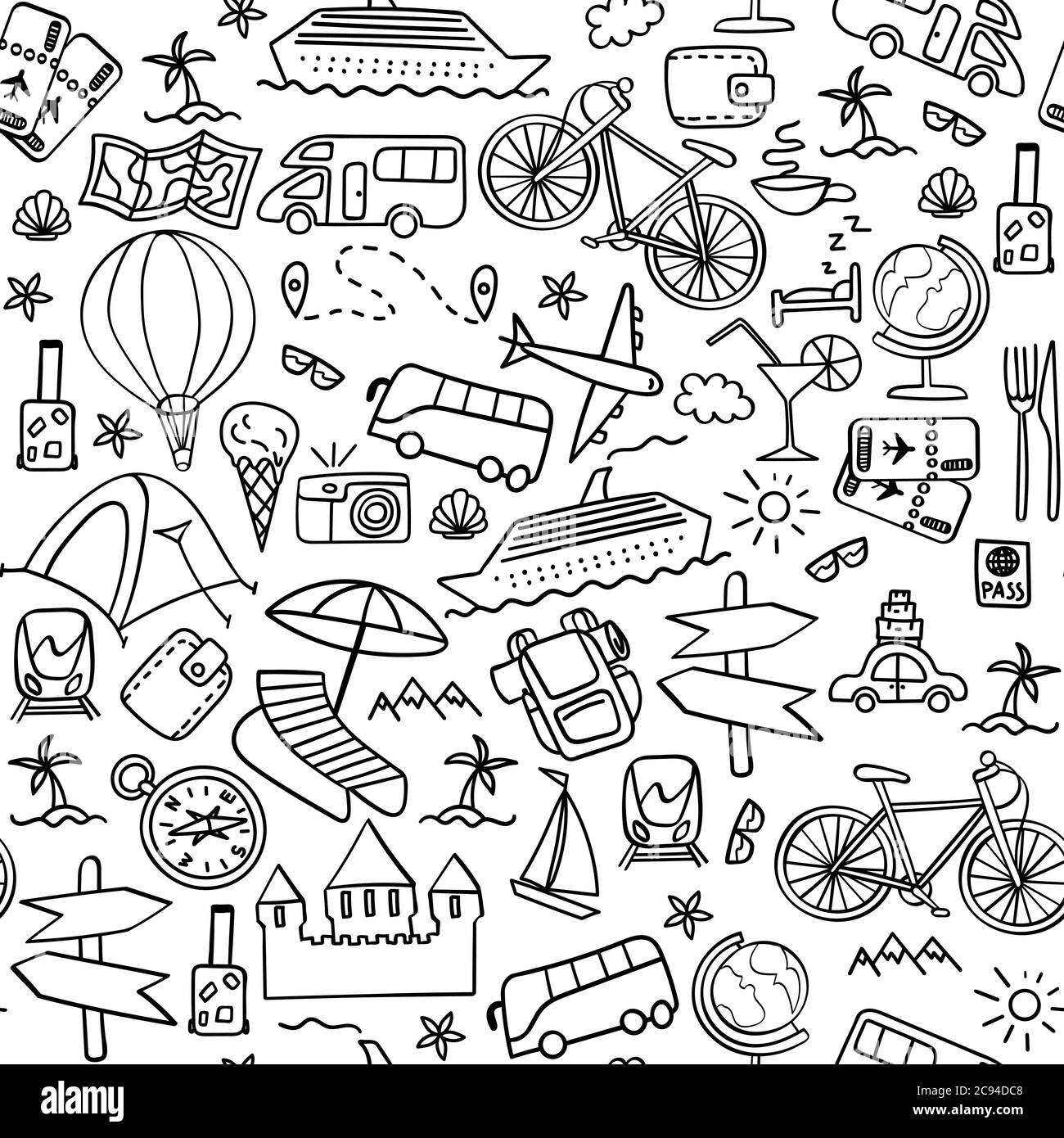 Hand drawn travel seamless pattern. Summer vacation doodles on white background. Vector illustration. Stock Vector