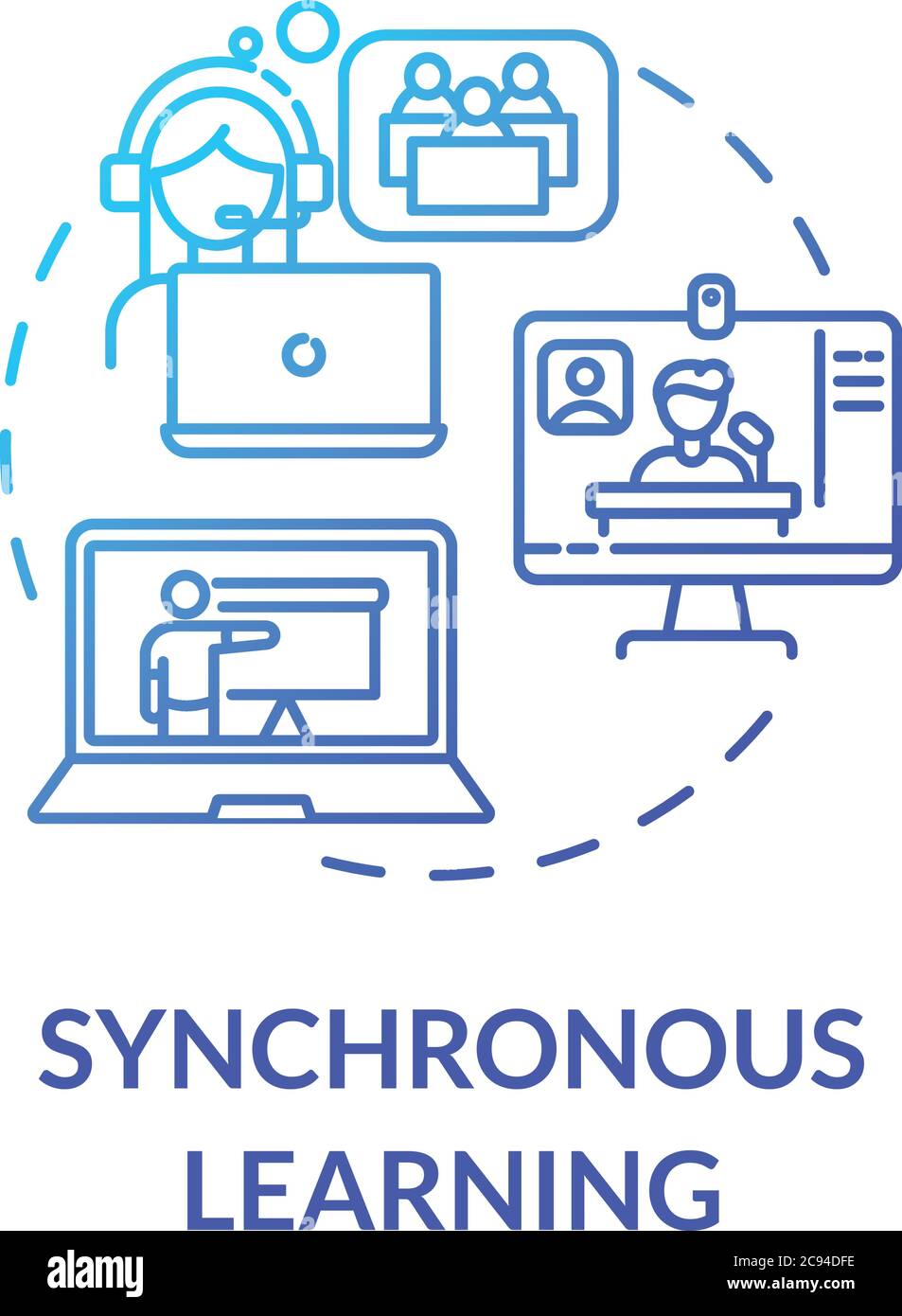 Synchronous learning concept icon. Distance courses. Remote education. Education technologies. E learning environment idea thin line illustration. Vec Stock Vector