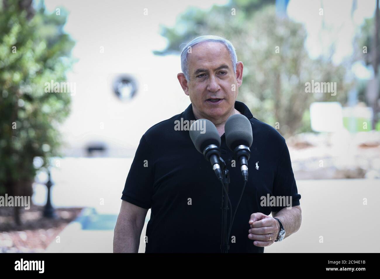 (200728) -- SAFED (ISRAEL), July 28, 2020 (Xinhua) -- Israeli Prime Minister Benjamin Netanyahu speaks at the Northern Command Headquarters of Israel Defense Forces in Safed, northern Israel, on July 28, 2020. Netanyahu visited the Israel-Lebanon border on Tuesday, a day after a military escalation in the region. (David Cohen/JINI via Xinhua) Stock Photo