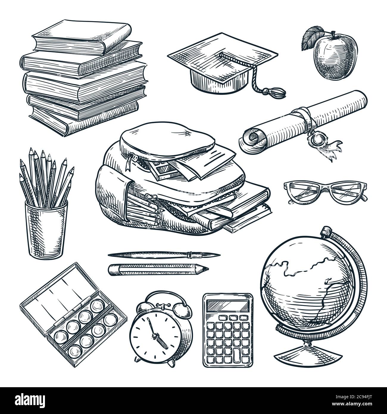 School supplies set. Hand drawn sketch vector illustration. Backpack