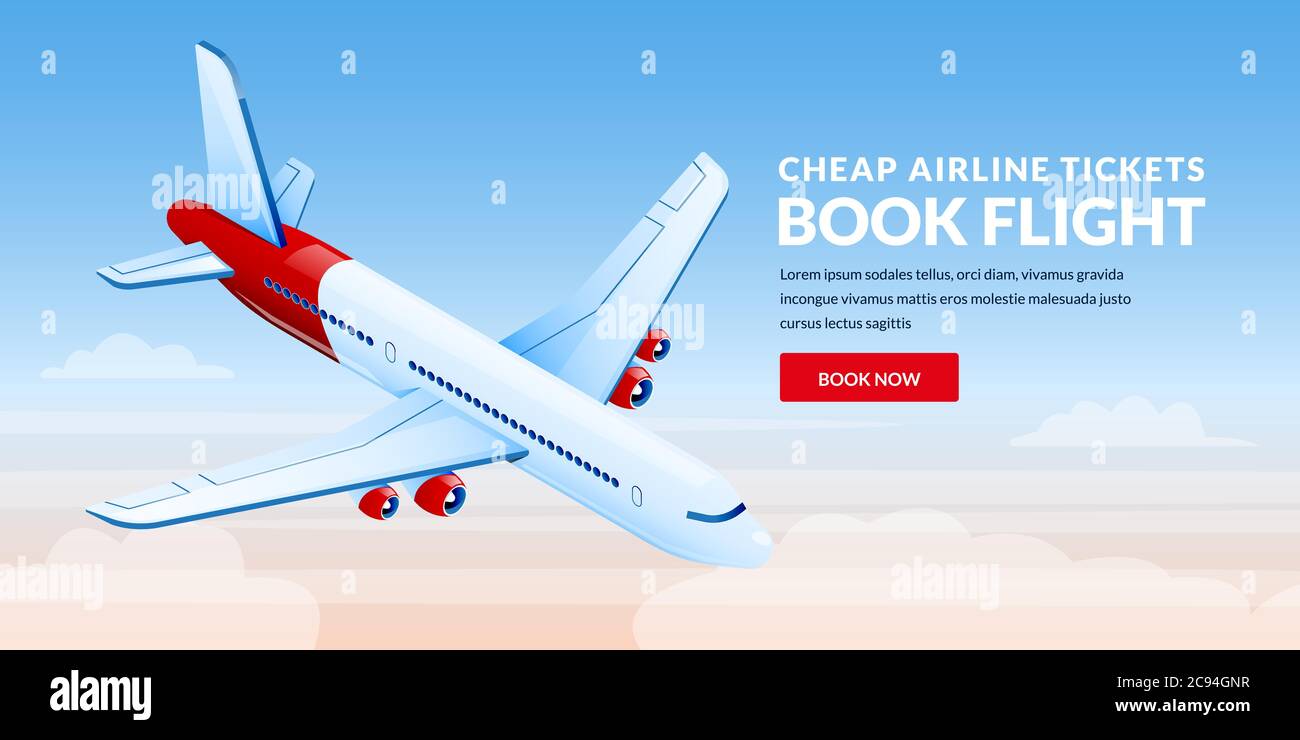 Air travel, plane tickets booking banner design template. Airplane flies in blue sky vector 3d isometric illustration. International traveling and tou Stock Vector