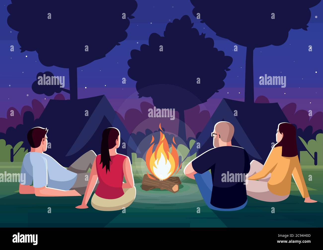 Camping at night semi flat vector illustration. People sit near campfire in evening. Bonfire in forest. Campground for group. Friends on recreation in Stock Vector