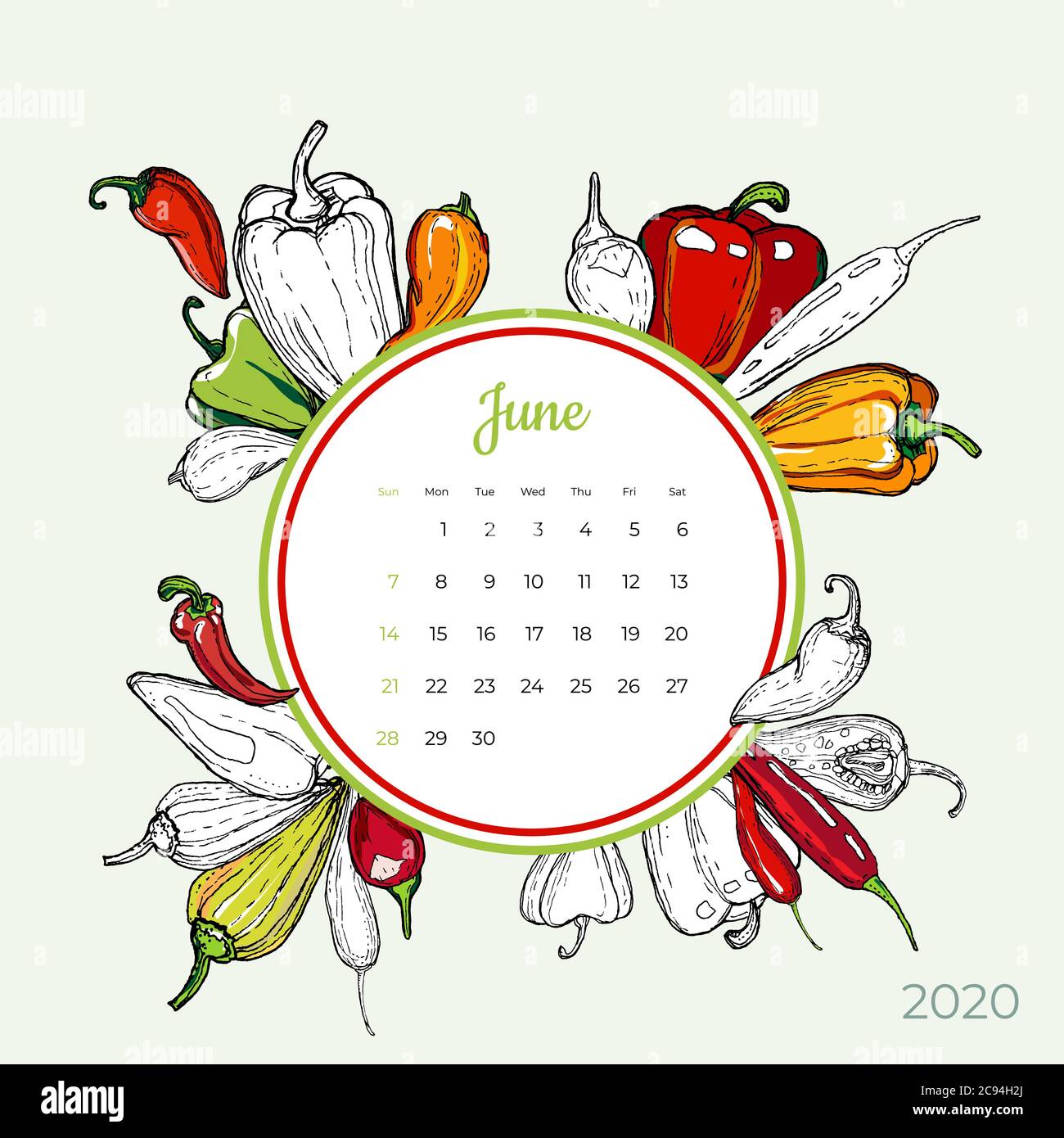 2020 June calendar vegetable. Bell chilli pepper groceries art vector set.  Desk, screen, colorful 2020 calendar template Stock Vector Image & Art -  Alamy