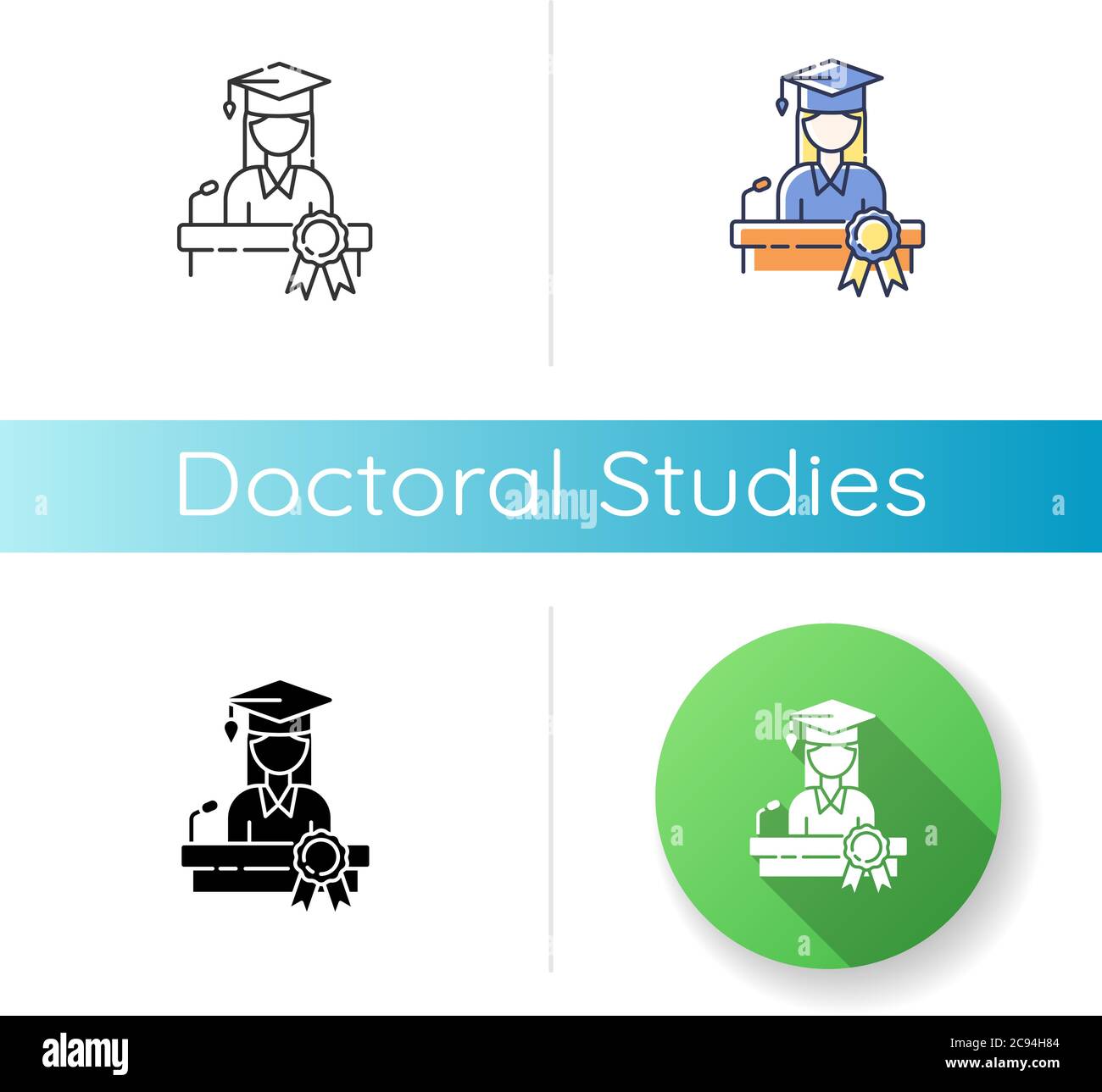 Doctoral studies icon. Linear black and RGB color styles. University graduation, academic achievement. Obtaining doctors degree. PhD student, successf Stock Vector