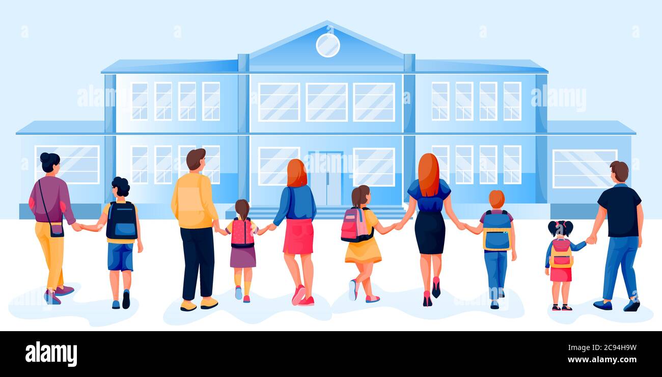 Back to school concept. Parents walk with their children by the hand to school, back view. Vector flat cartoon illustration Stock Vector