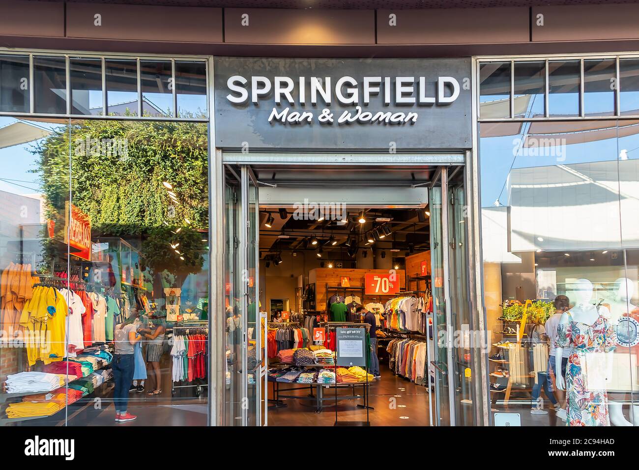 Huelva, Spain - July 27, 2020: Springfield store in Holea Shopping center. This brand is subsidiary of Tendam, formerly The Cortefiel Group is one of Stock Photo