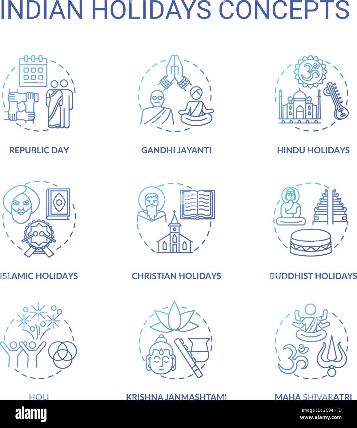 Indian holidays concept icons set. India customs and traditions idea