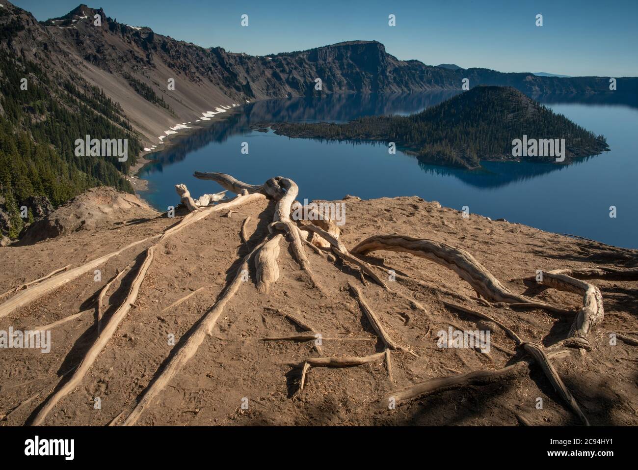 Panoramic view of the The Crater Lake and Wizzard Island in the summer during the day, against cloudless, blue sky, Orgon, USA Stock Photo