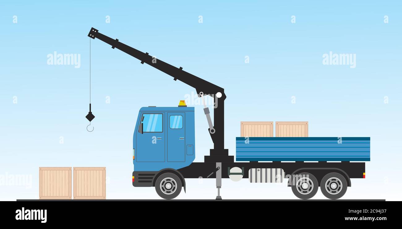 Blue Crane truck with wooden boxes,flat vector illustration Stock
